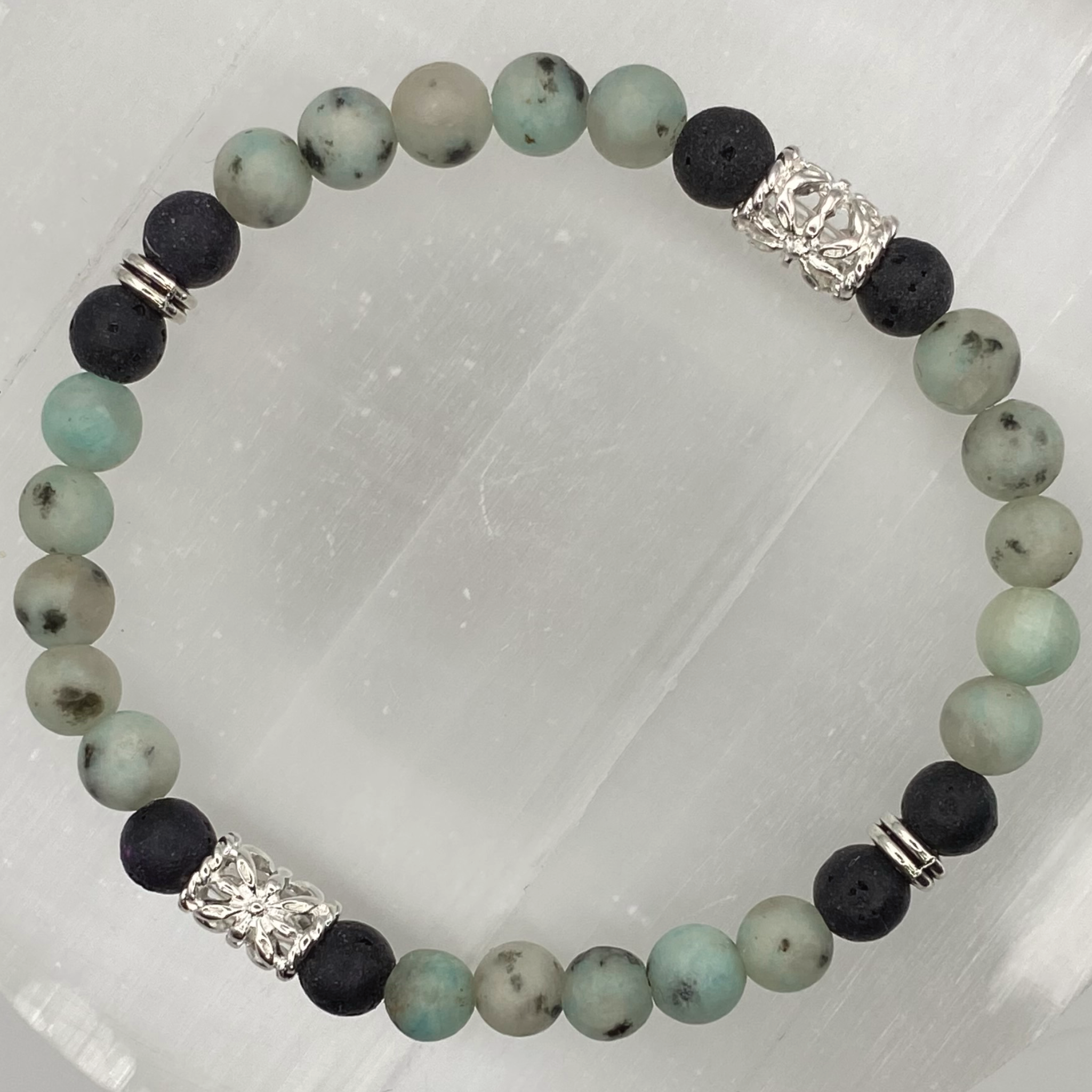 Green Jasper Lava Bracelet with Silver Tone Spacer