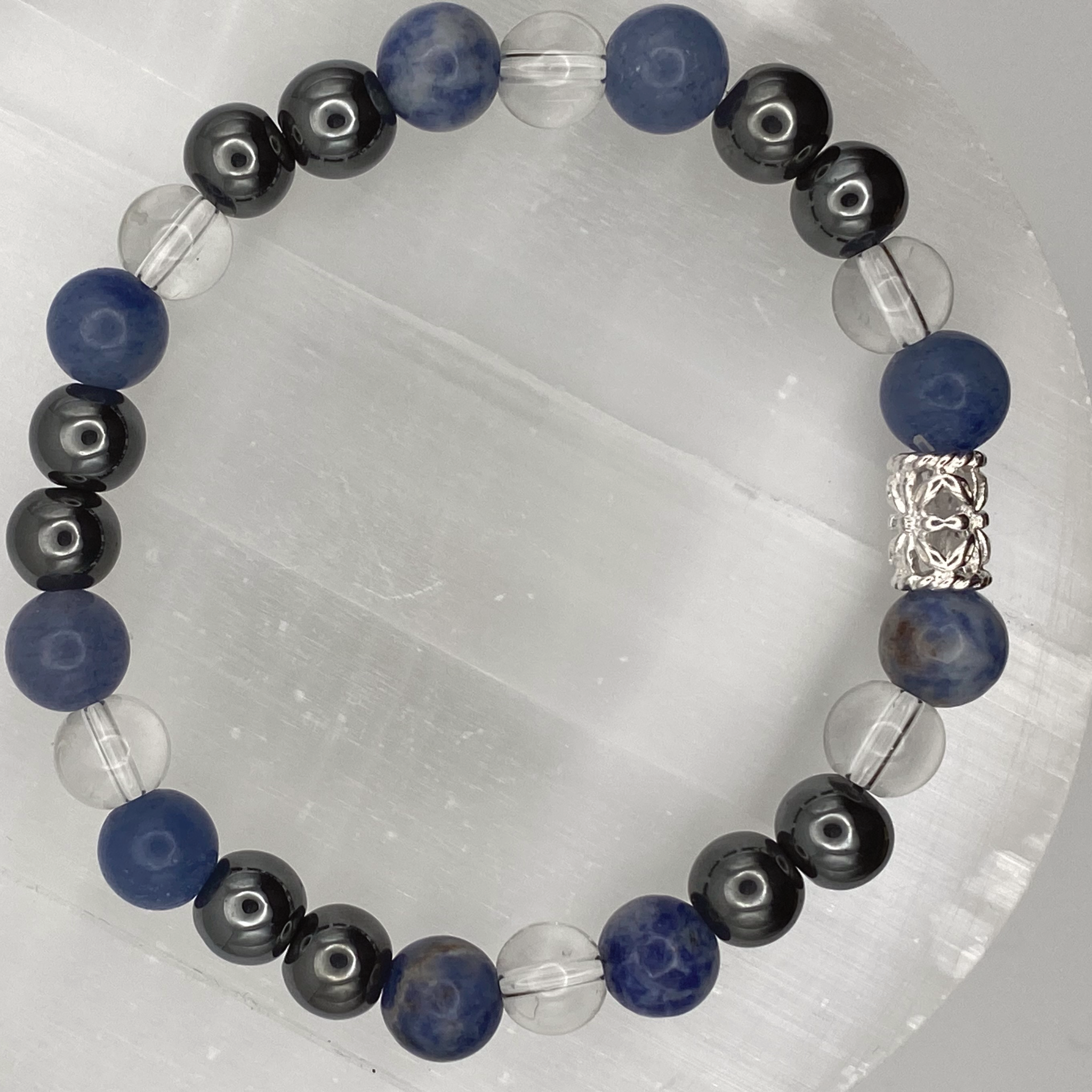 Hematite Blue Jasper Clear Quartz Bracelet with Silver Tone Spacer