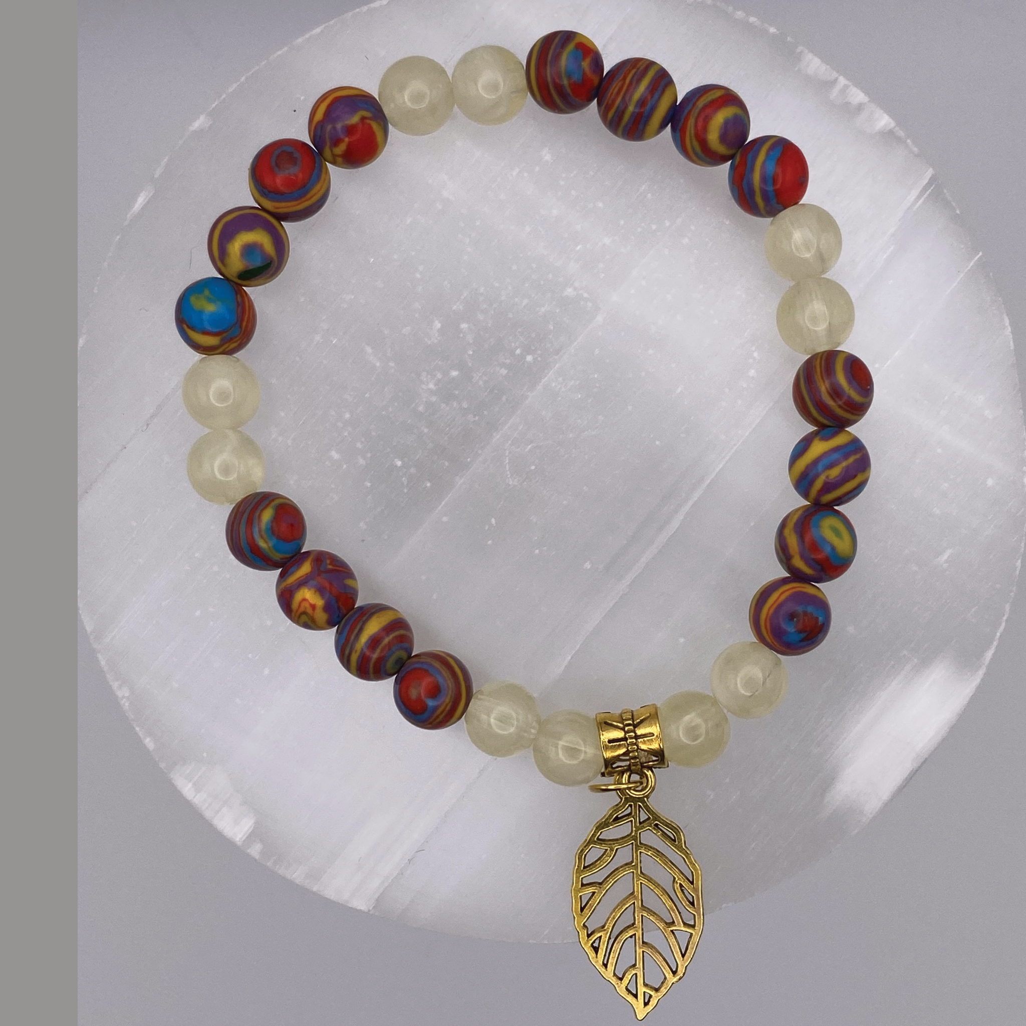 Rainbow Calsilica Prehnite Charm Bracelet with Gold Tone Leaf