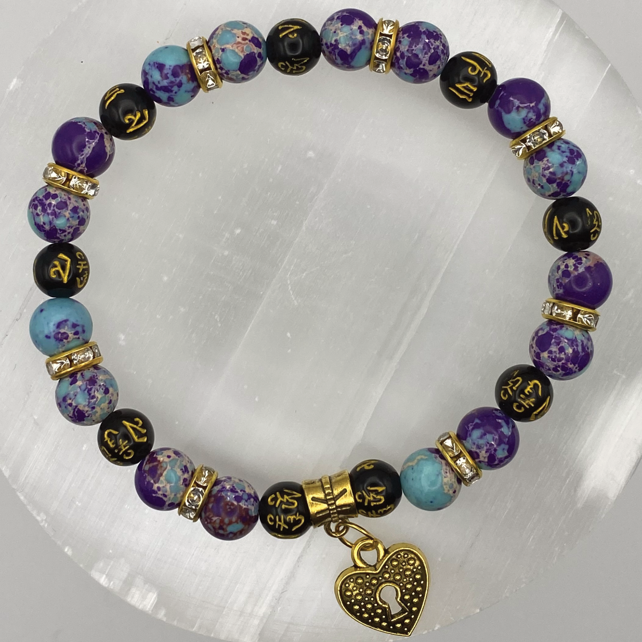 Imperial Jasper Black Pixiu Lock Heart Charm Bracelet with Gold Tone Spacers