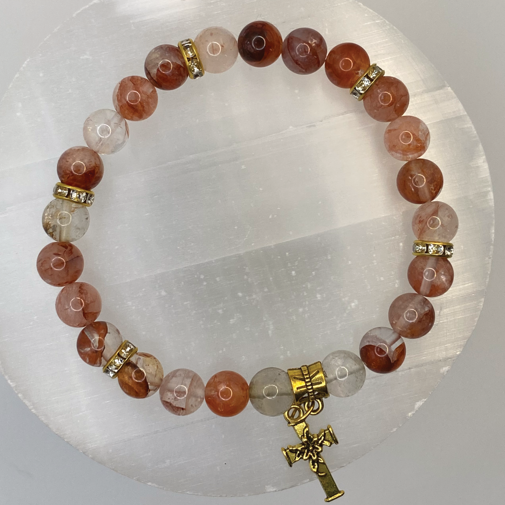Fire Quartz Rose Quartz Gold Cross Charm Bracelet with Gold Tone Spacers