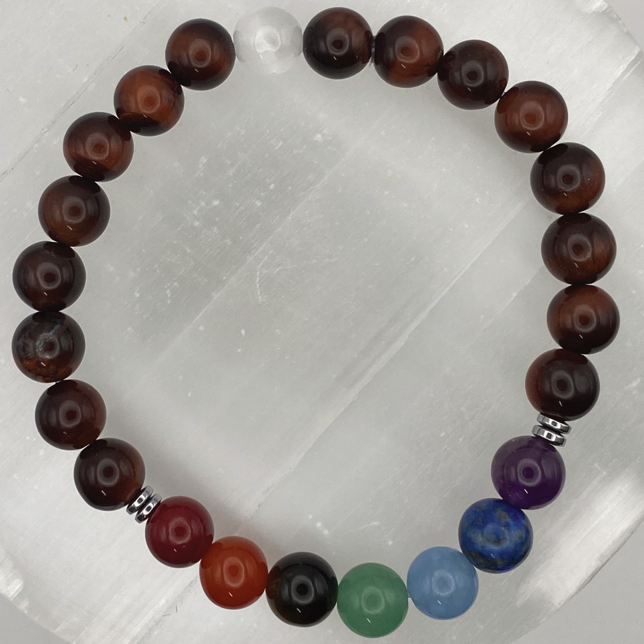 Tiger's Eye Chakra Colors Bracelet with Silver Tone Spacers