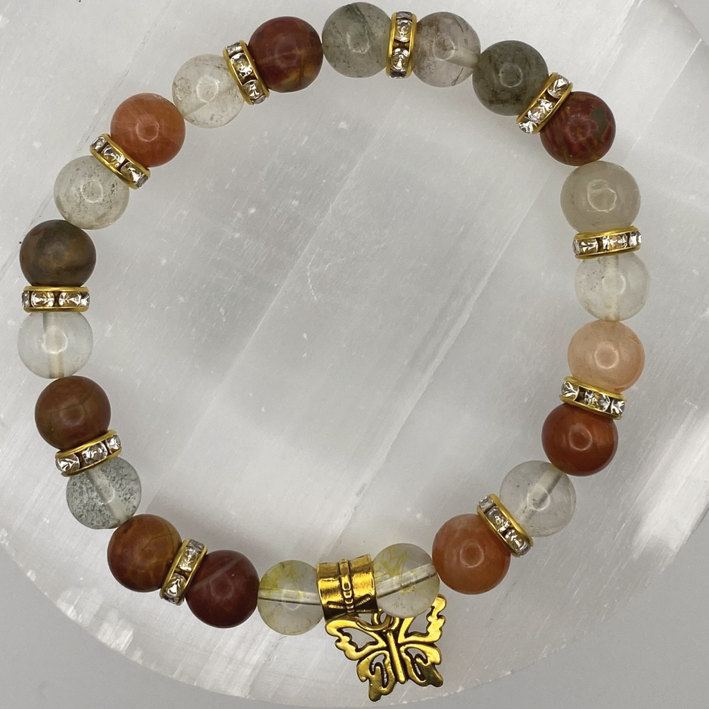 Jasper Clear Quartz Butterfly Charm Bracelet with Gold Tone Spacers