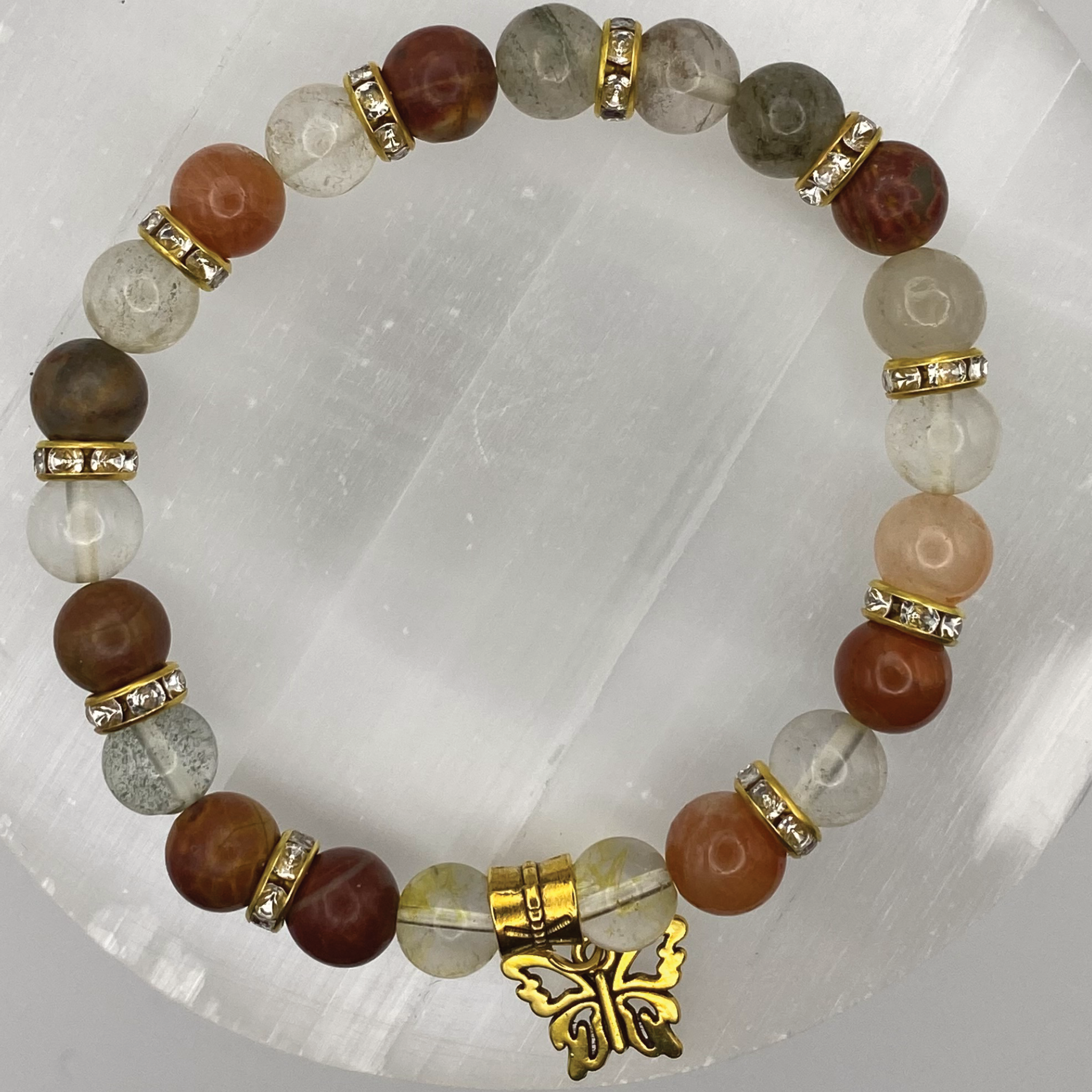Jasper Clear Quartz Butterfly Charm Bracelet with Gold Tone Spacers