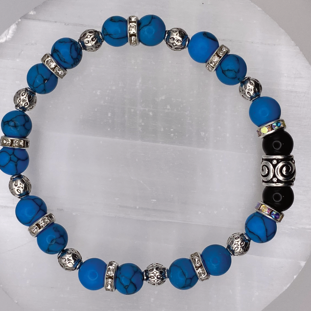 Blue Howlite Black Agate with Silver Tone Spacers