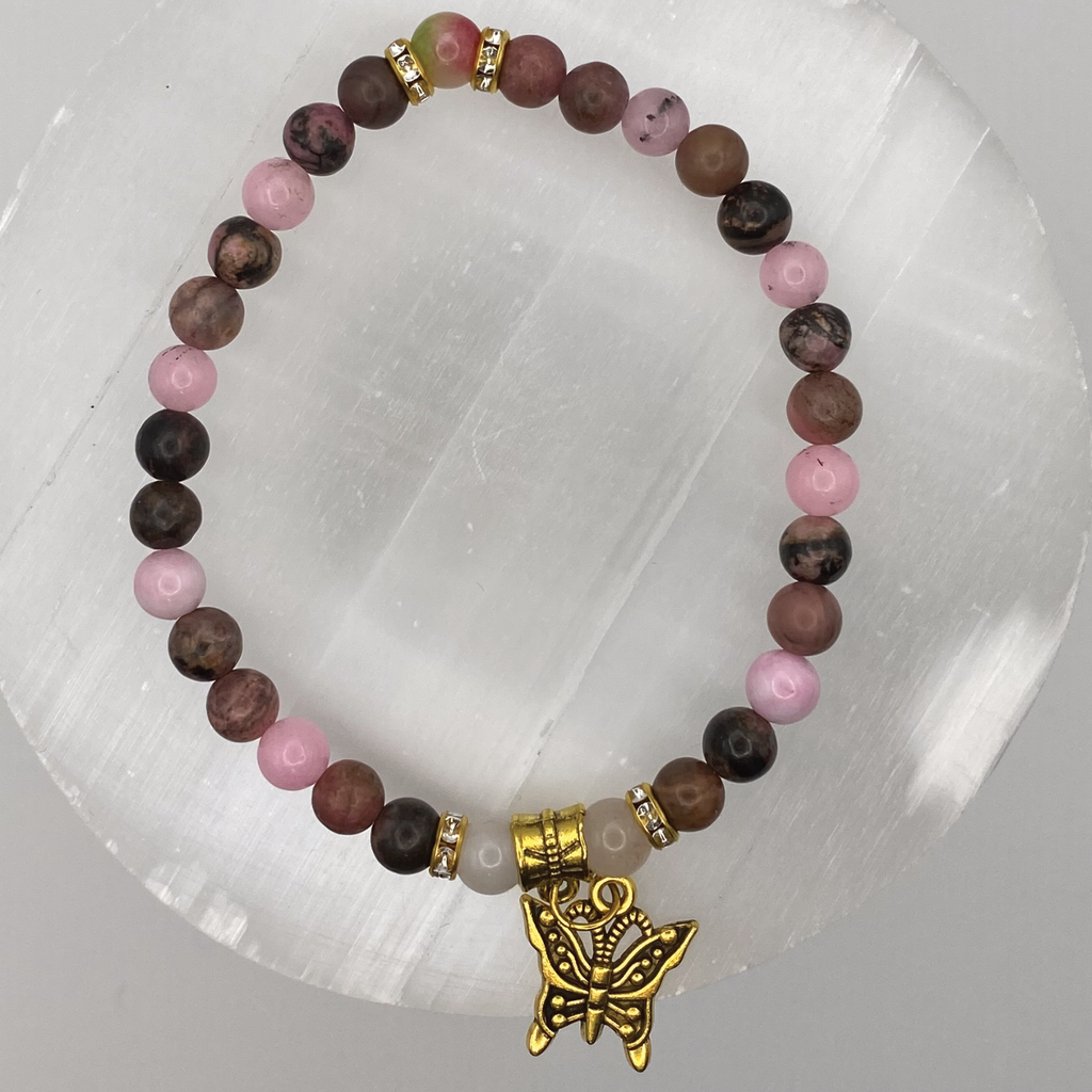 Pink Rhodonite Rose Quartz Butterfly Charm Bracelet with Crystal Spacers