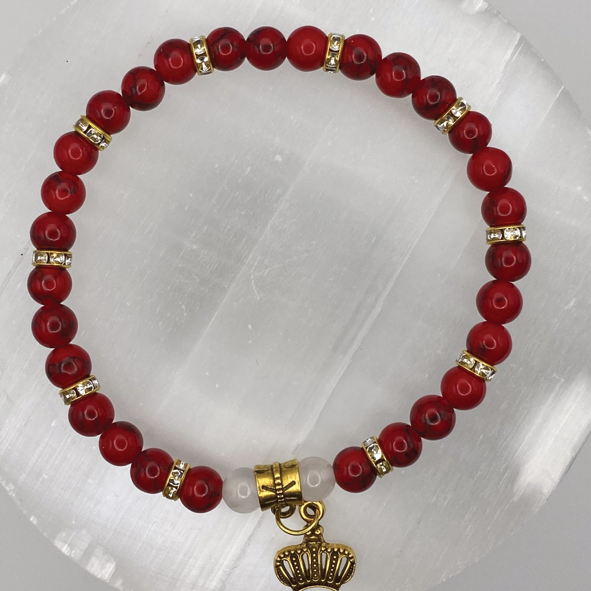 Red Turquoise Selenite Royal Charm Bracelet with Crystal Spacers