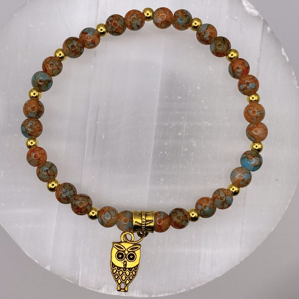 Unakite Jasper Owl Charm with Gold Tone Spacers