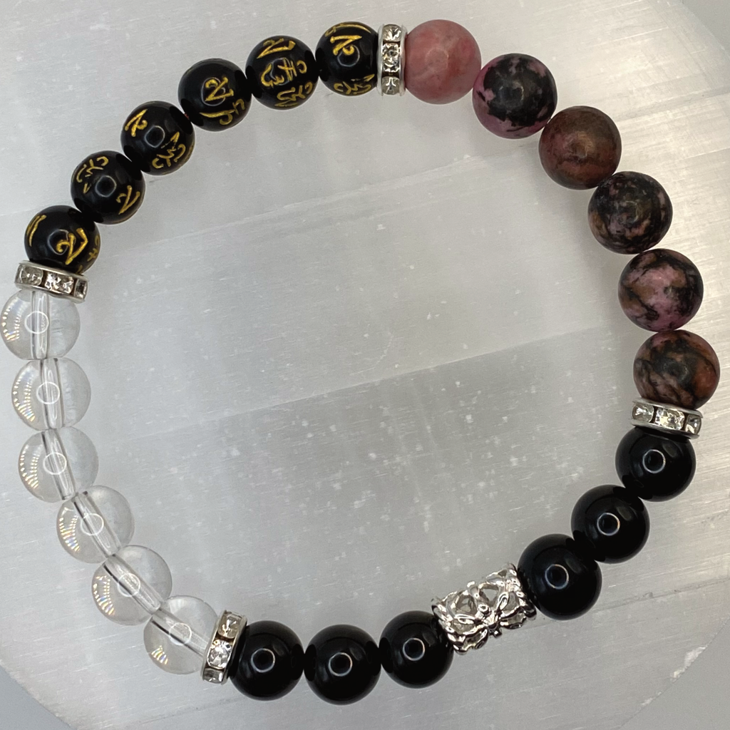 Rhodonite Clear Quartz Pixiu Black Agate Bracelet with Silver Tone Crystal Spacers