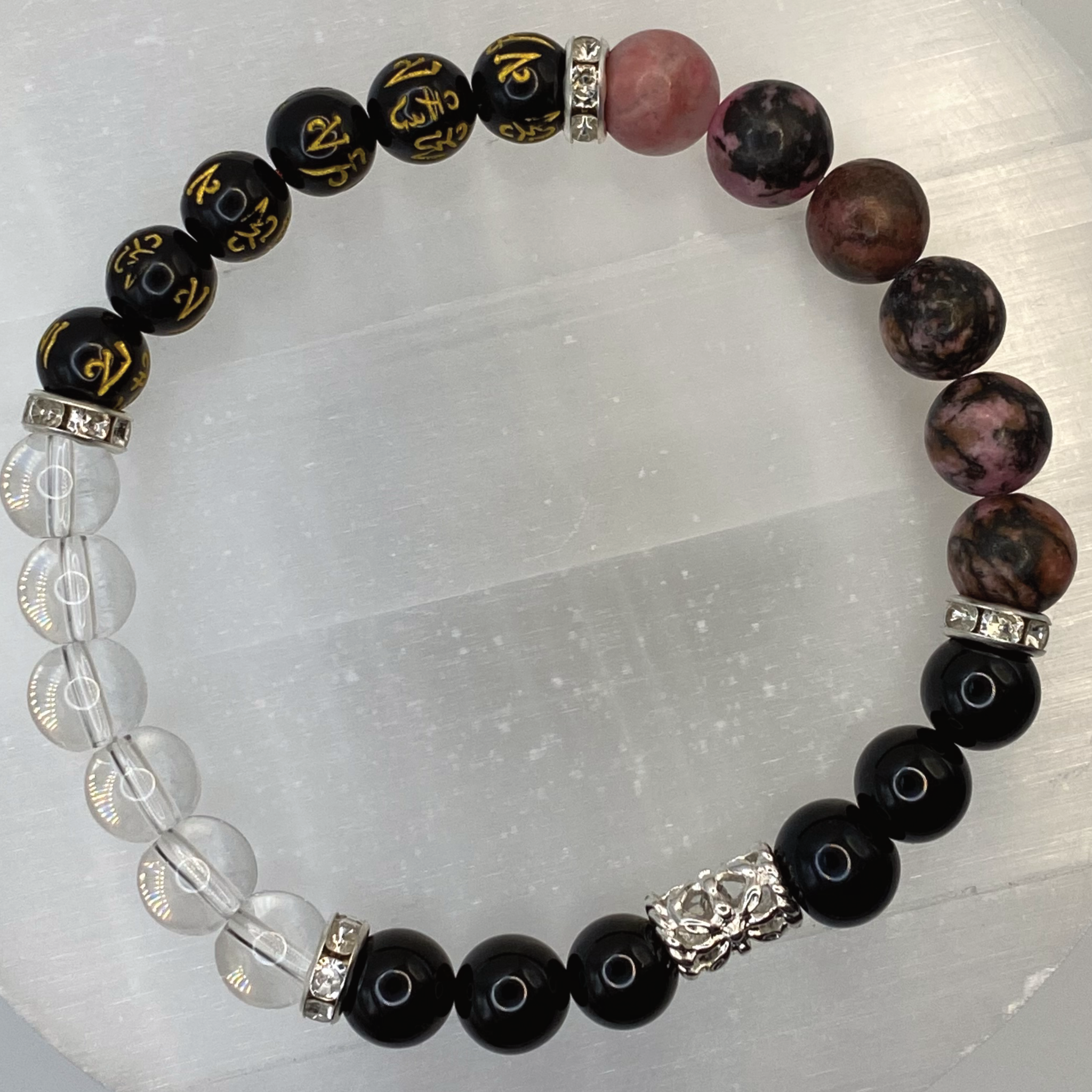 Rhodonite Clear Quartz Pixiu Black Agate Bracelet with Silver Tone Crystal Spacers