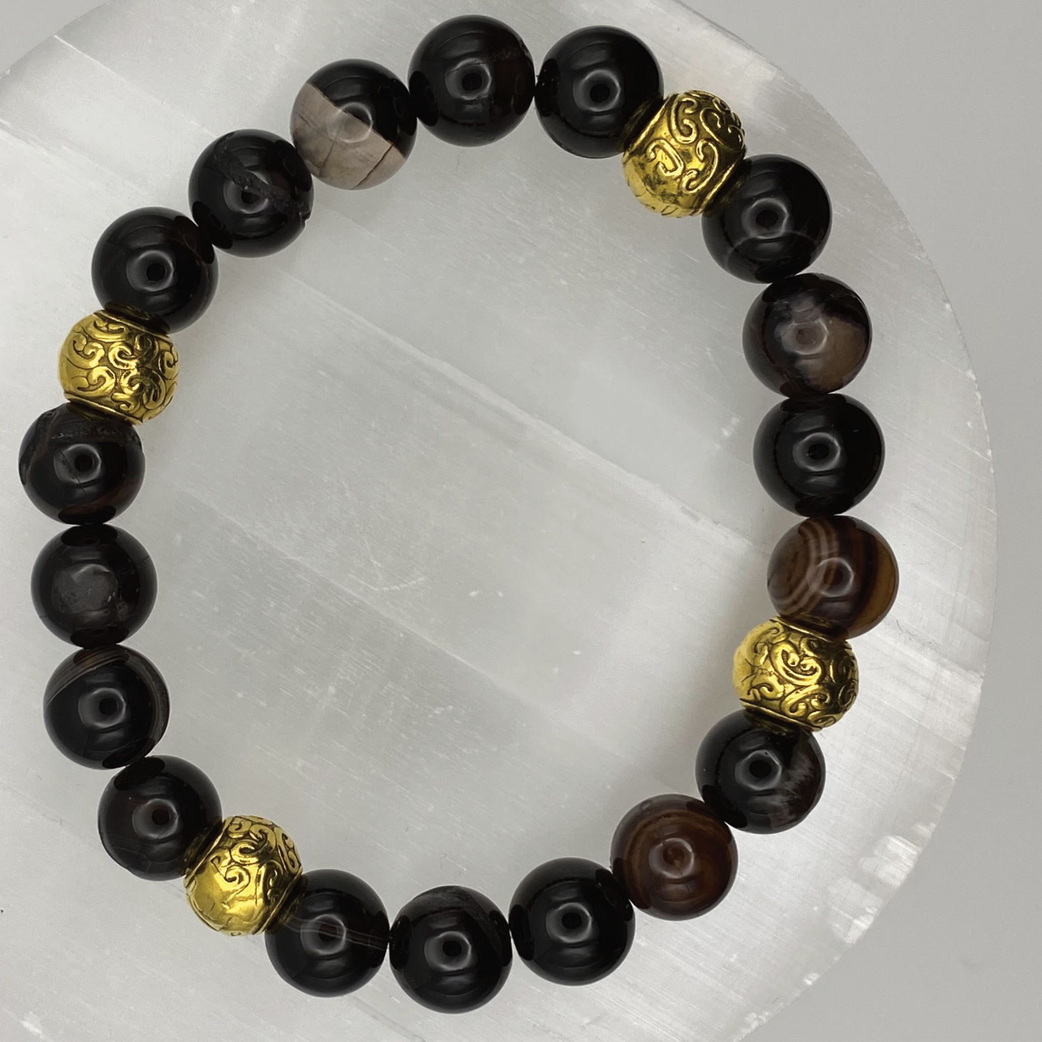 Black Agate Bracelet with Gold Tone Spacers
