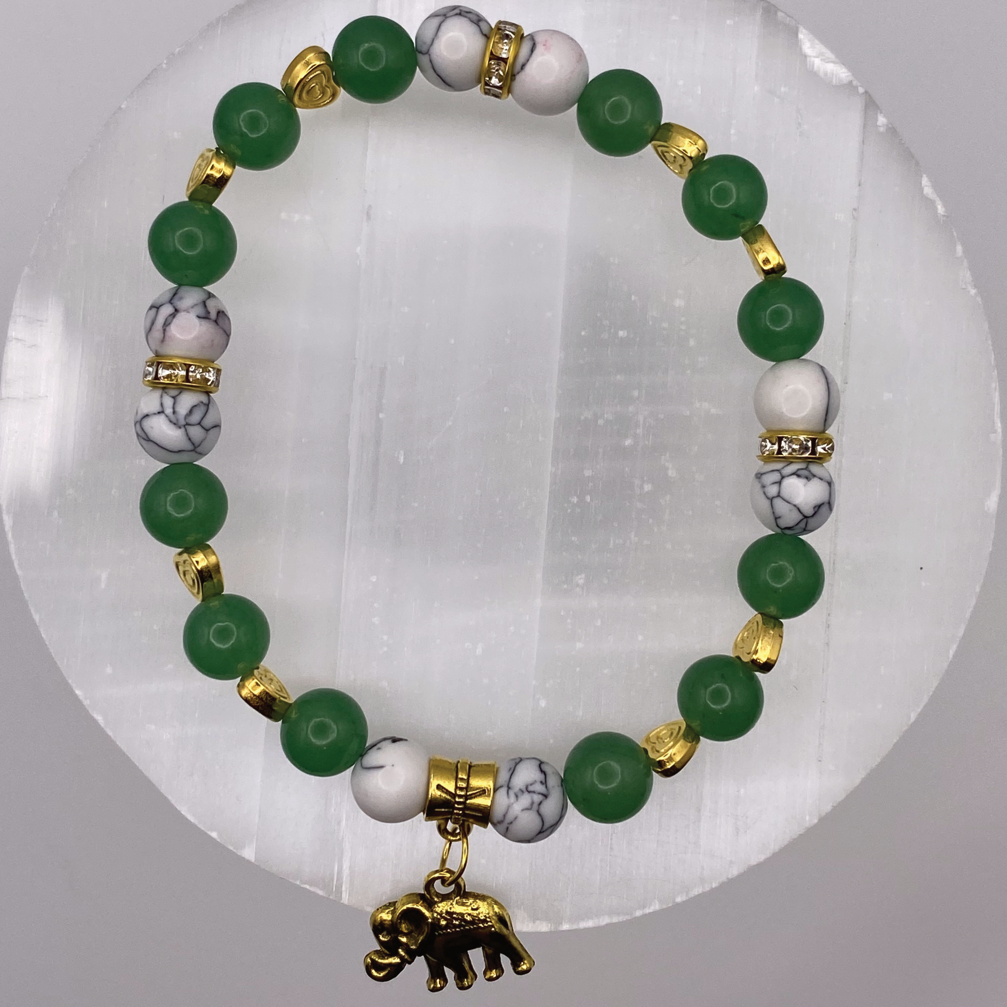 Green Chalcedony Magnesite Elephant Charm Bracelet with Gold Tone Heart Spacers