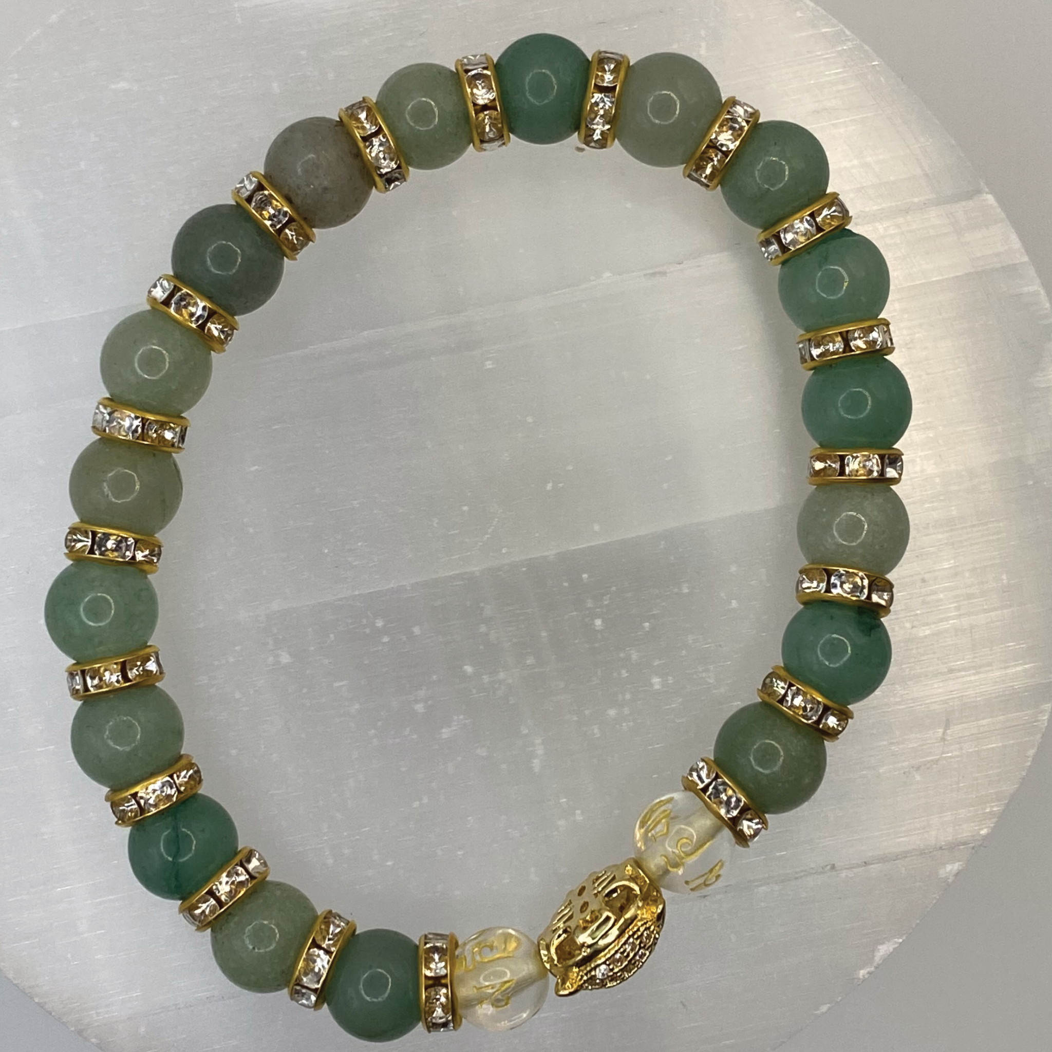 Green Chalcedony Clear Quartz Pixiu Panther Charm Bracelet with Gold Tone Crystal Spacers