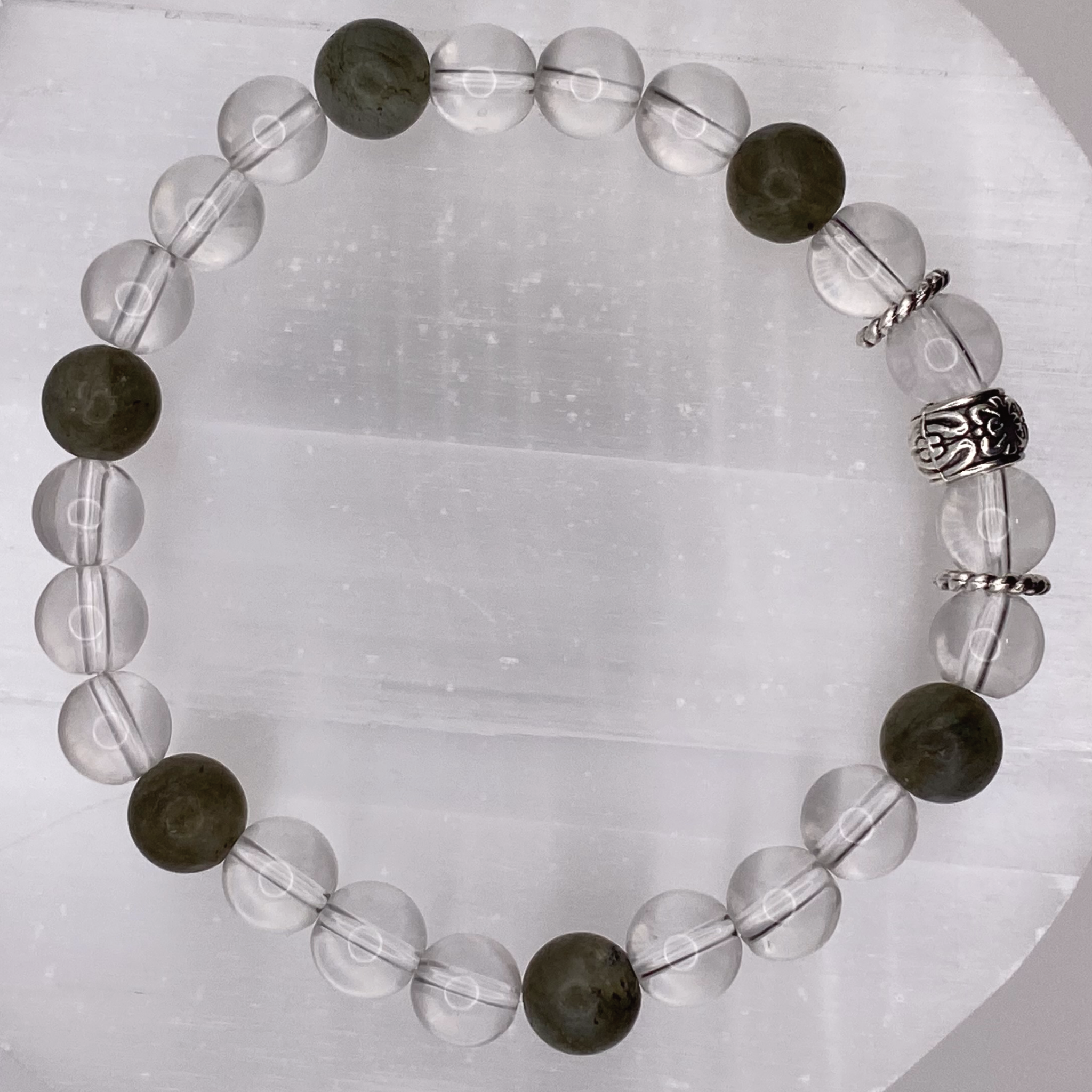 Clear Quartz Green Jasper Bracelet with Silver Tone Spacers