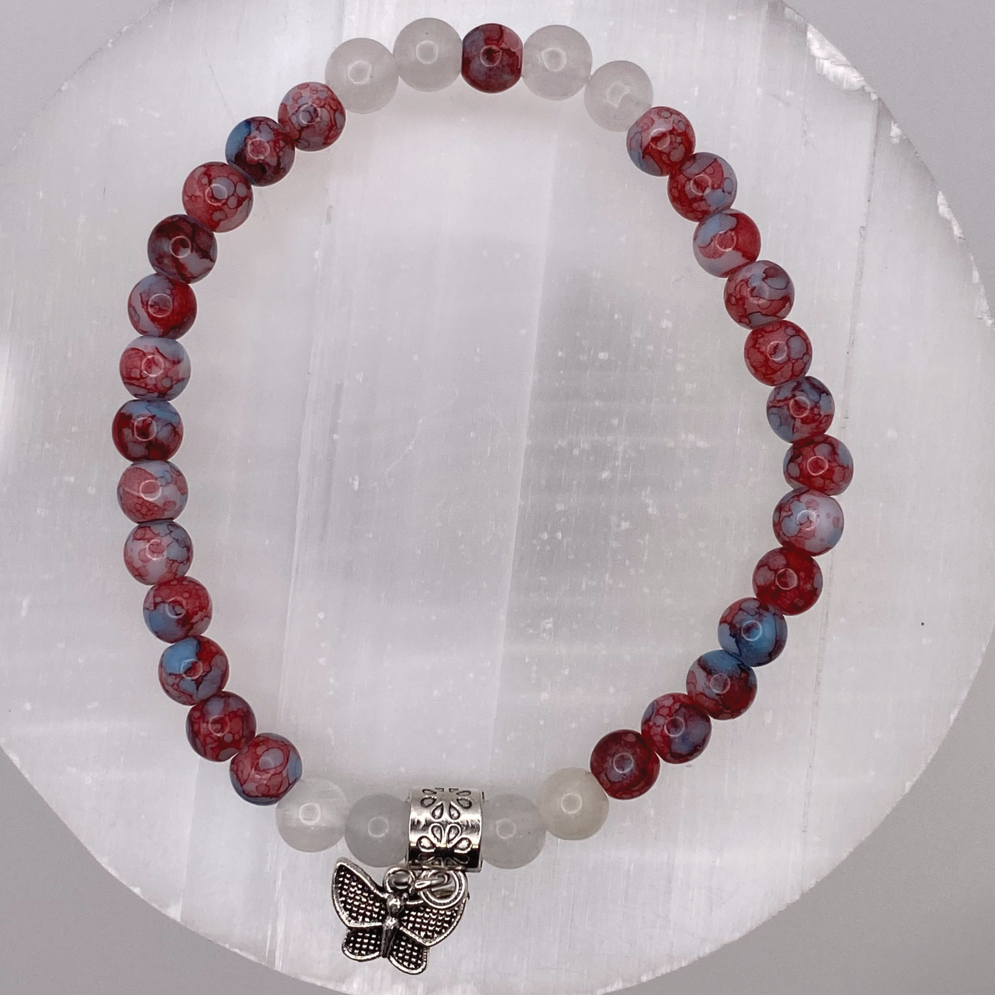 Blue-Red Dragon Agate Milk Quartz Butterfly Charm Bracelet