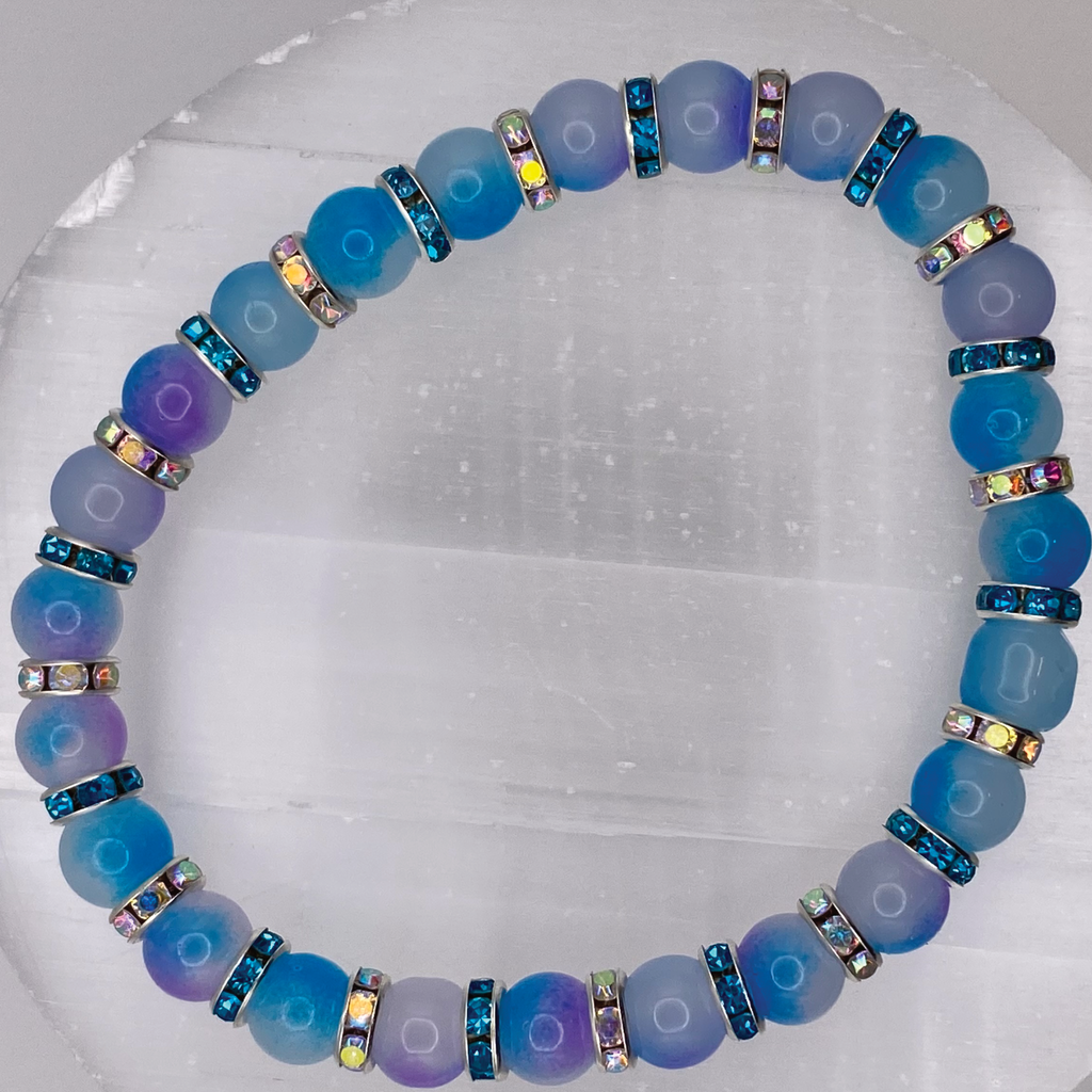Blue Dragon Vein Agate Bracelet with Silver Tone Crystal Spacers