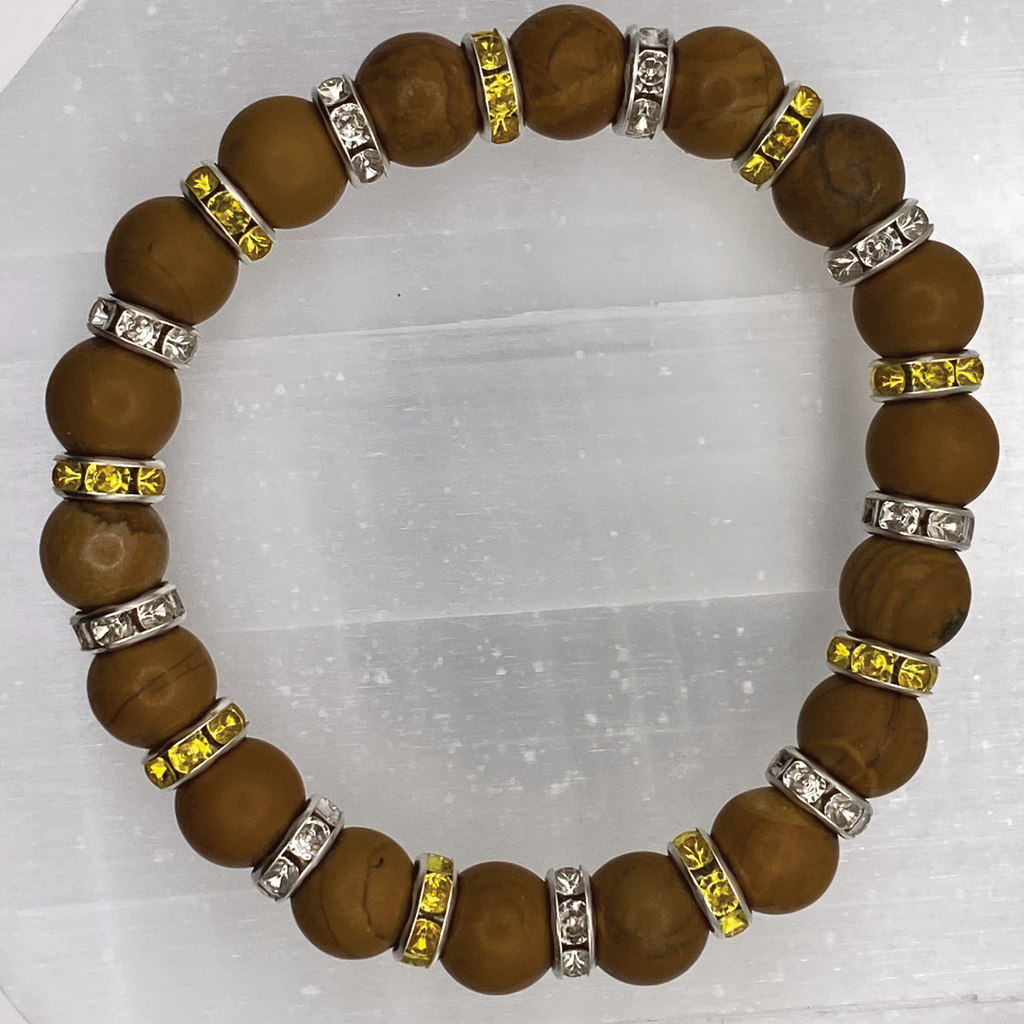 Yellow Jasper Bracelet with Silver Tone Crystal Spacers