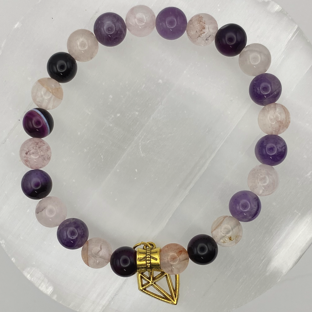 Black Agate, Milky Quartz, Amethyst Charm Bracelet
