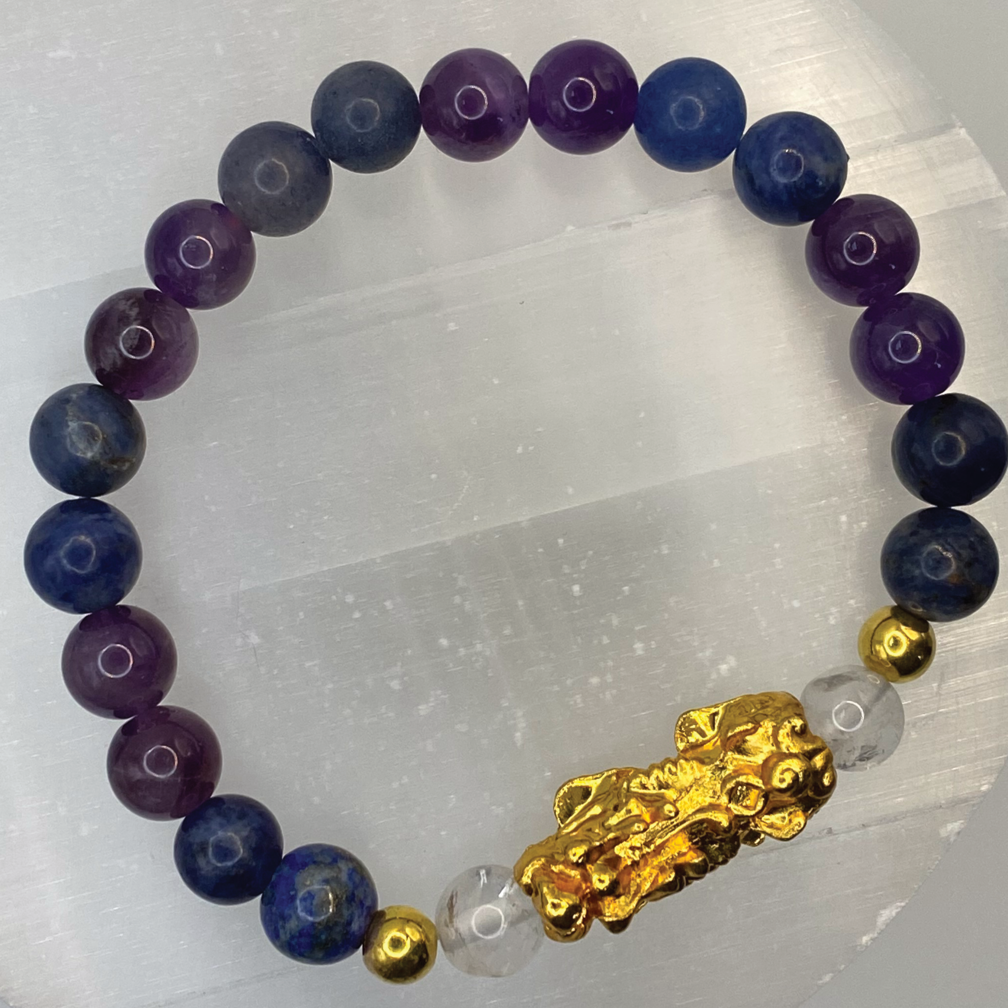 Canadian Blue Stone Clear Quartz Pixiu Dragon Charm Bracelet with Gold Tone Spacers