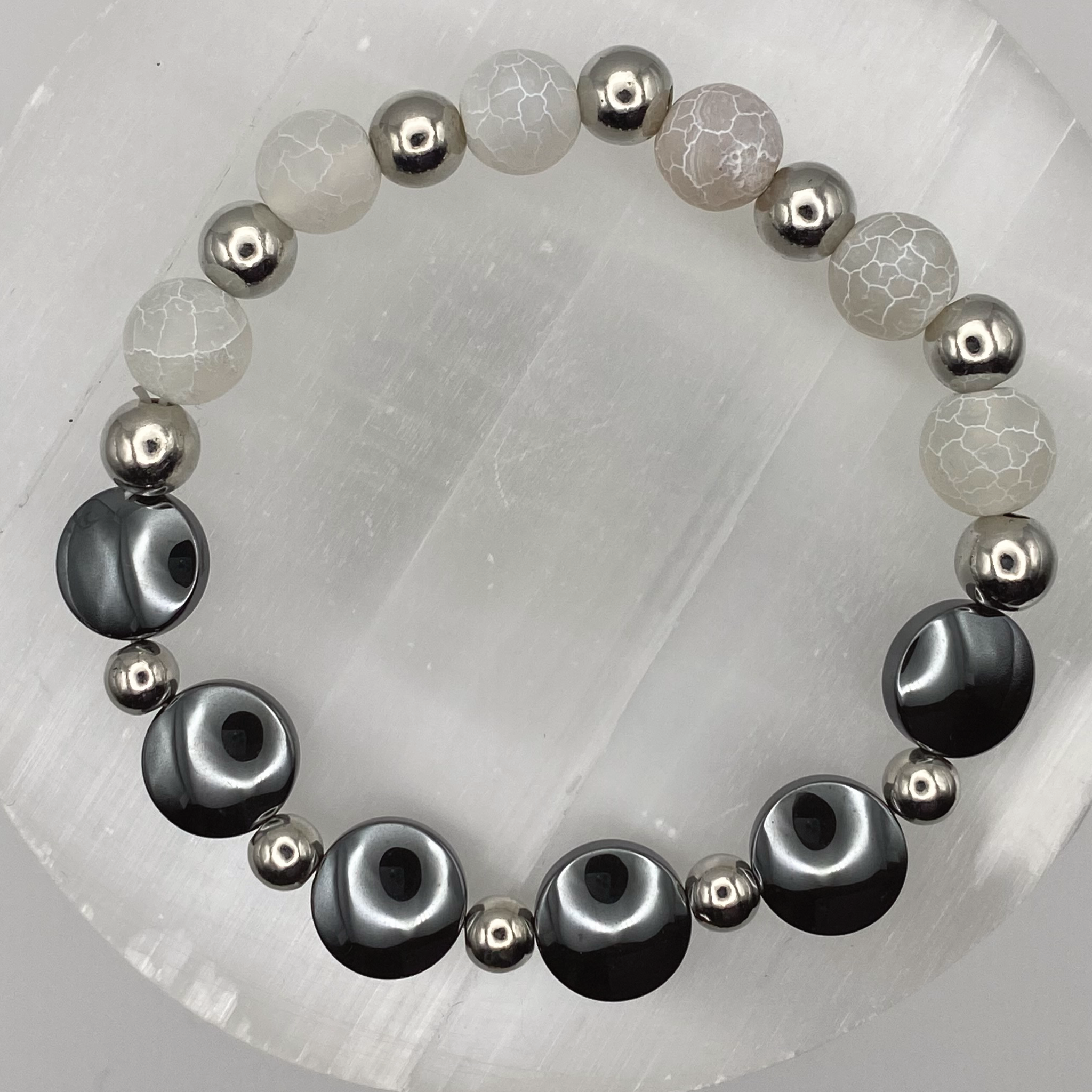 Dragon Vein Agate Onyx Bracelet with Silver Tone Spacers