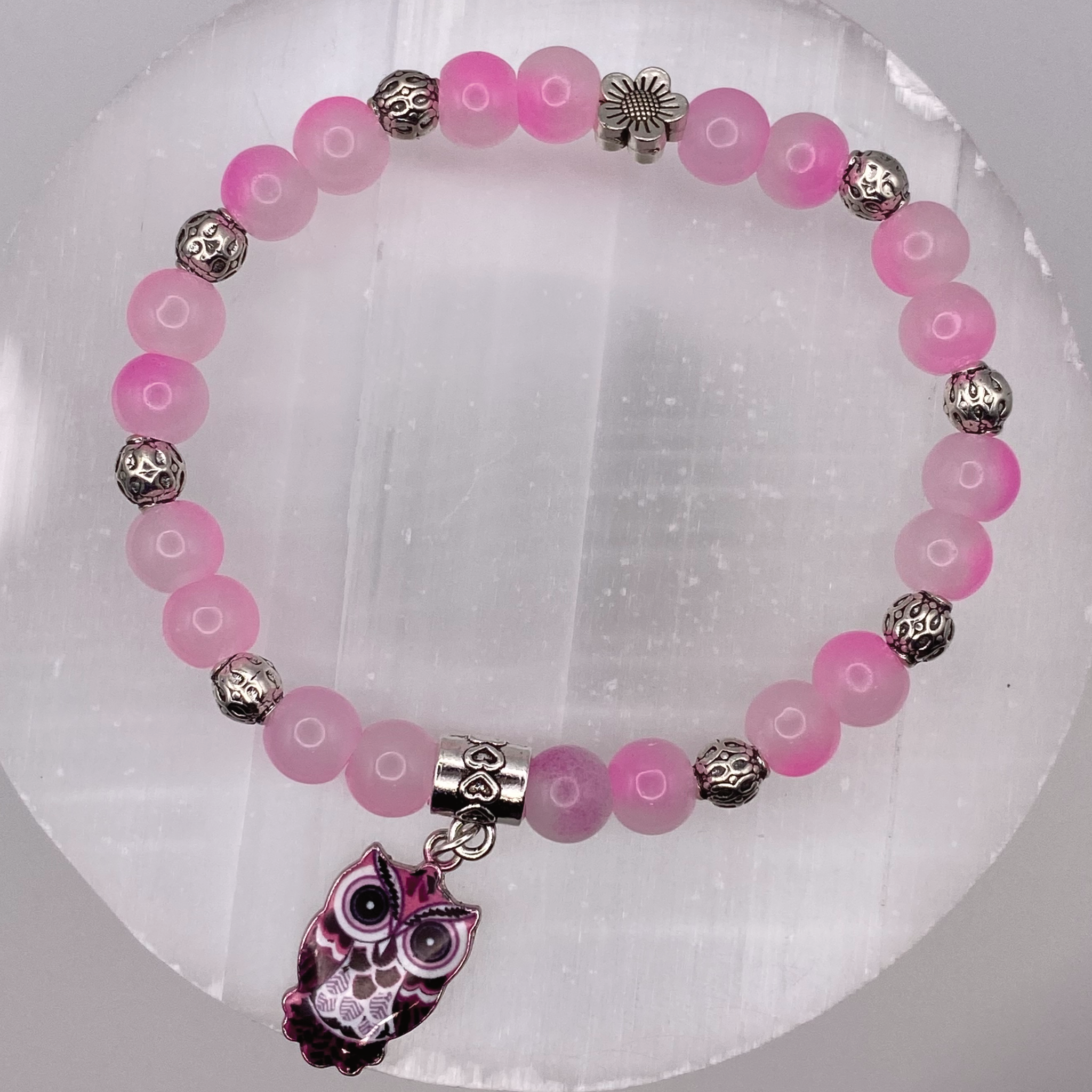 Pink Dragon Agate Owl Charm Bracelet with Silver Tone Spacers