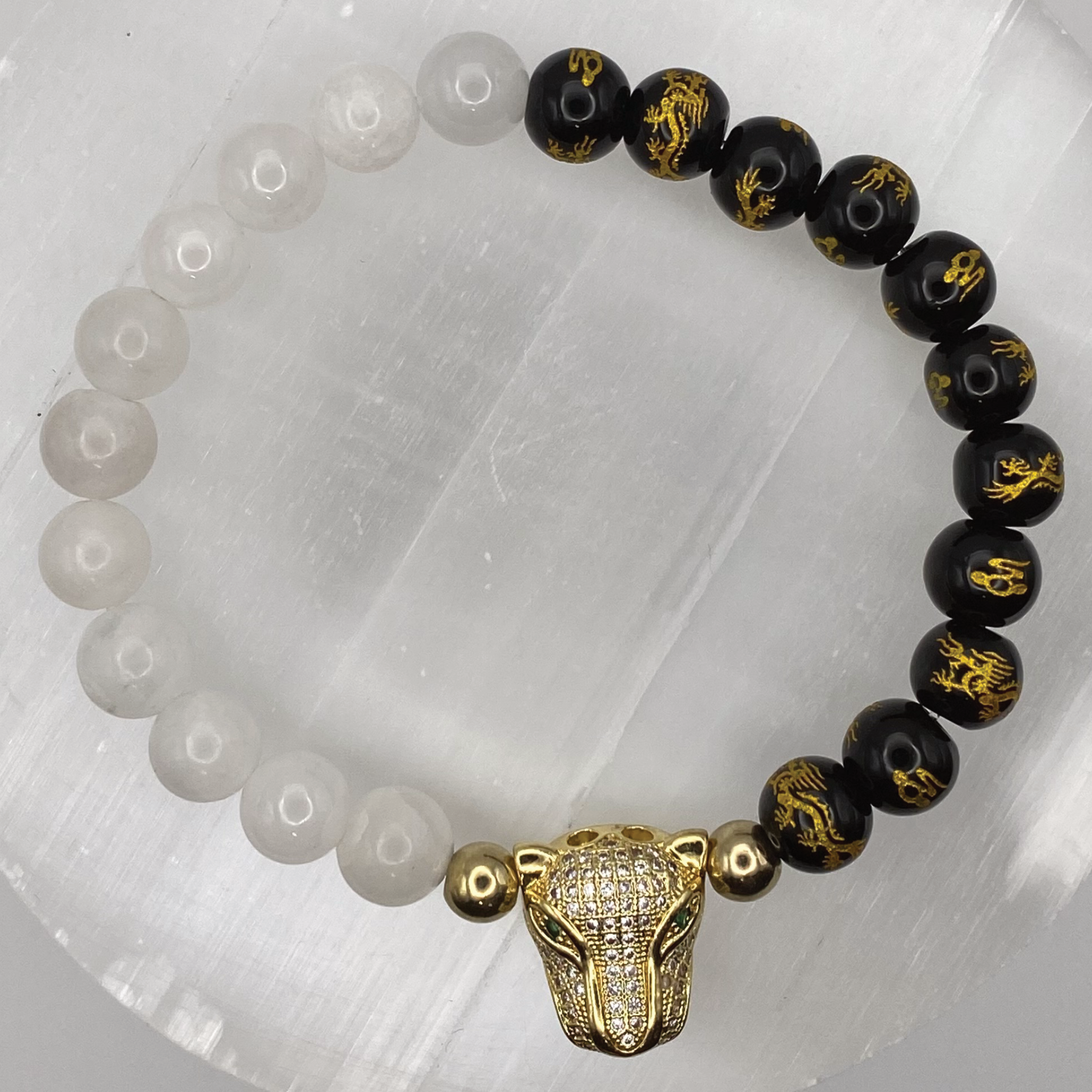 Selenite Black Onyx Pixiu Bracelet with Gold Tone Panther Charm