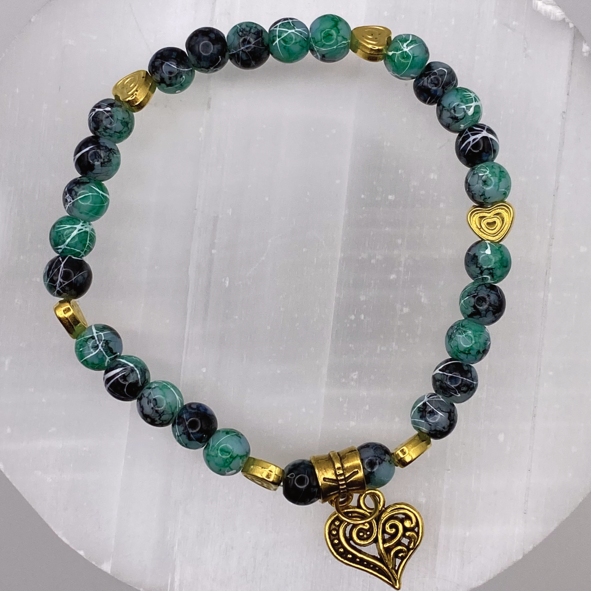 Green Dragonvein Agate Heart Charm with Gold Tone Heart Spacers