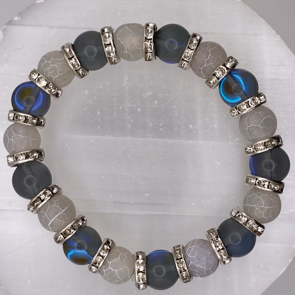 Blue Obsidian Dragon Vein Bracelet with Silver Tone Spacers