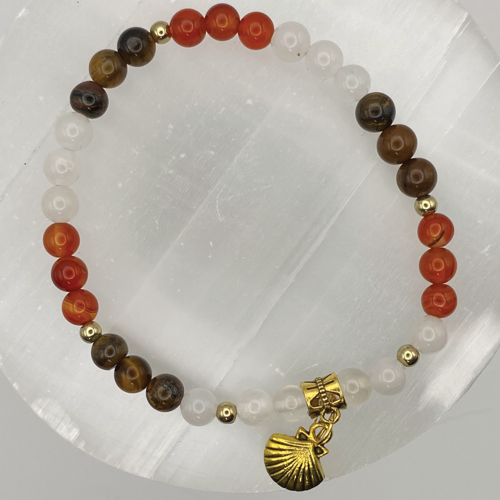 Tiger's Eye Carnelian Selenite Seashell Charm Bracelet with Gold Tone Spacers