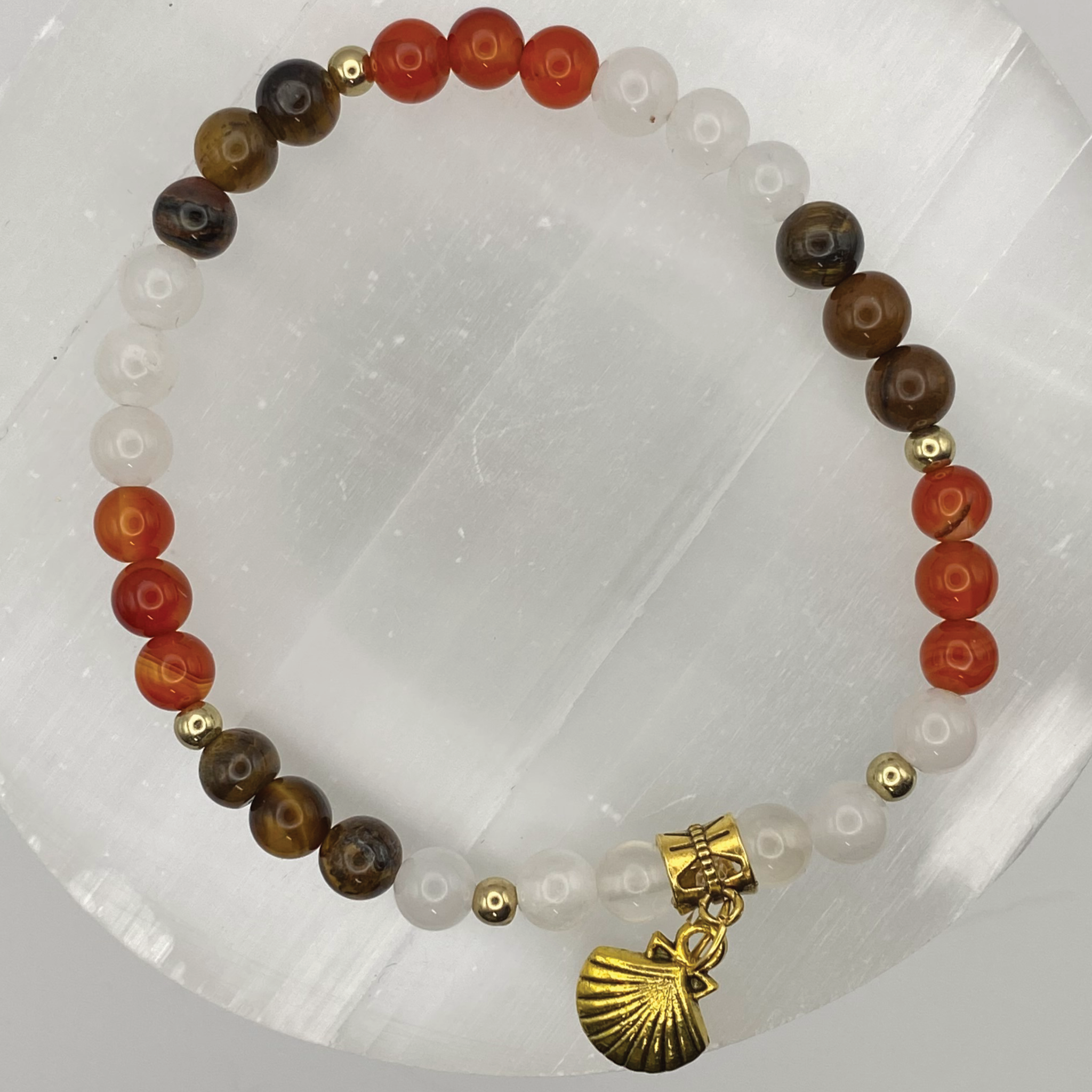 Tiger's Eye Carnelian Selenite Seashell Charm Bracelet with Gold Tone Spacers