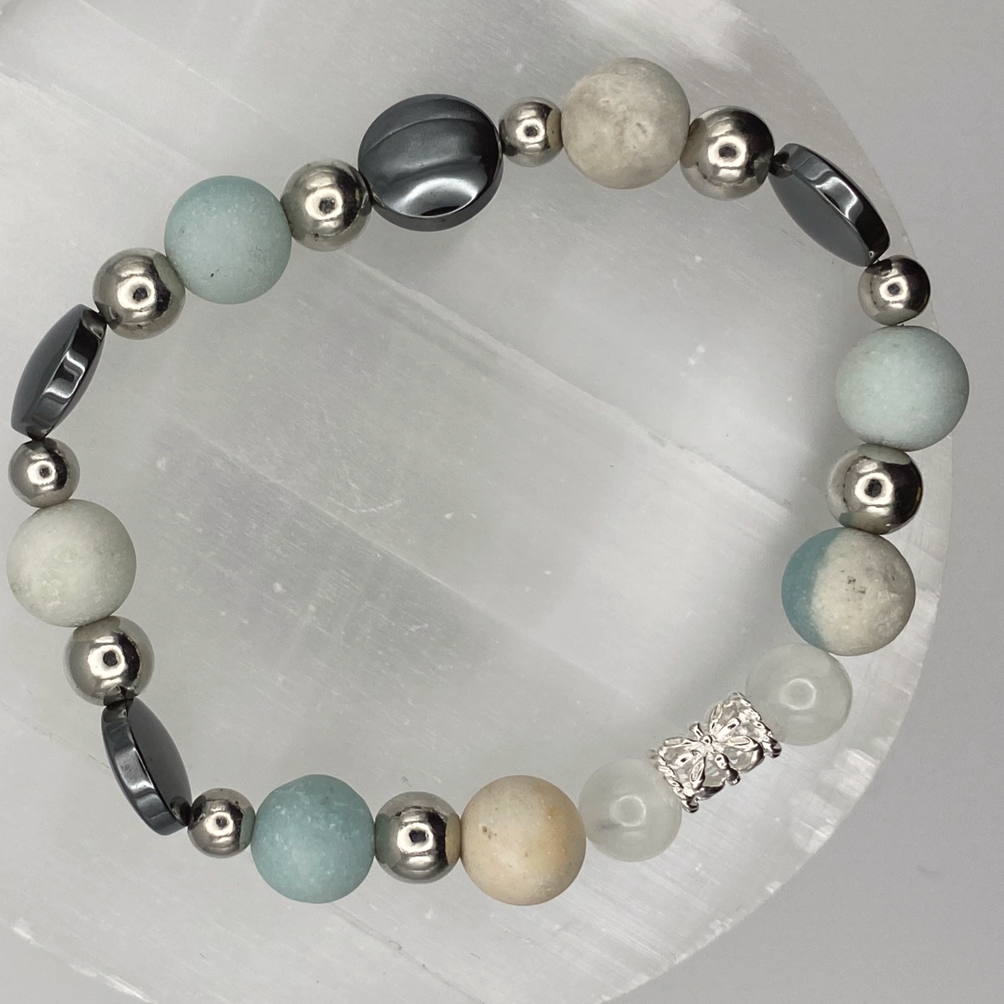 Amazonite Onyx Disk Bracelet with Silver Tone Spacers