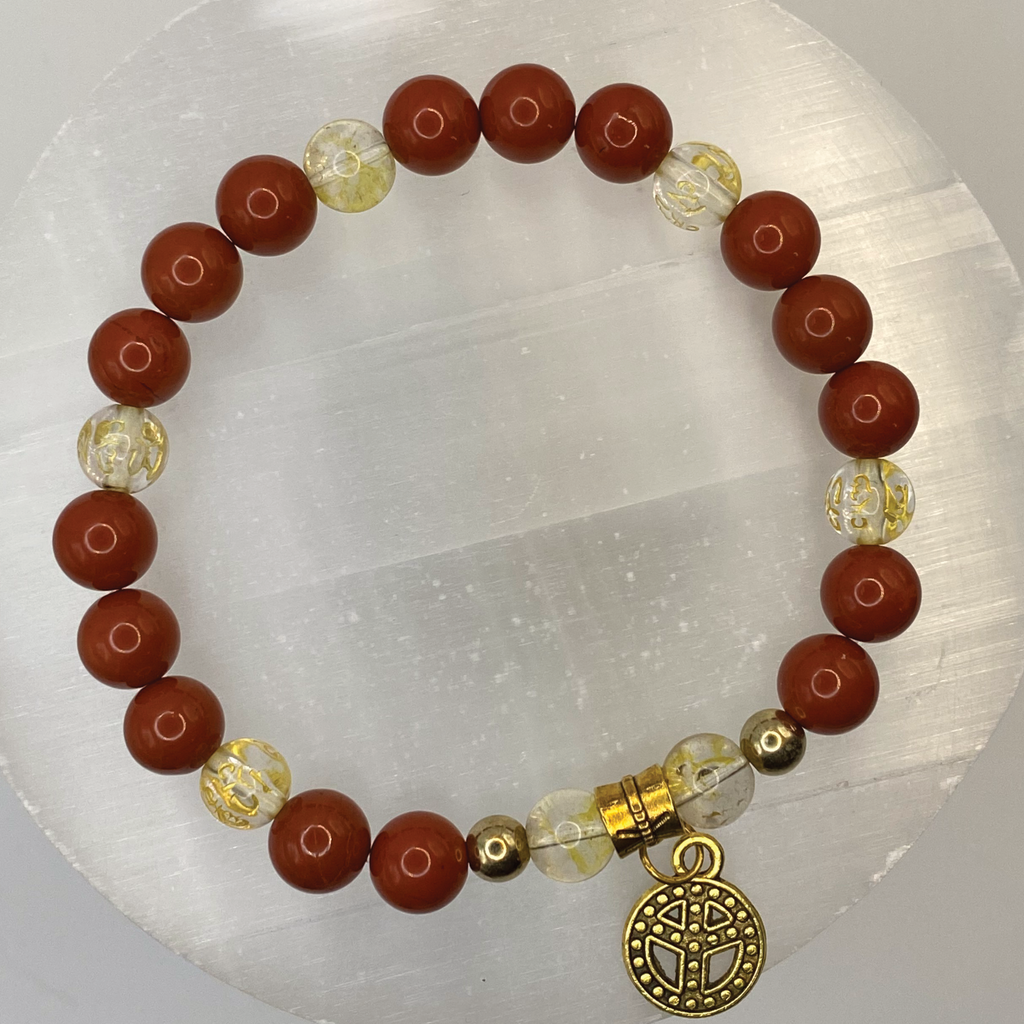 Red Jasper Clear Quartz Pixiu Symbols Peace Charm Bracelet with Gold Tone Spacers