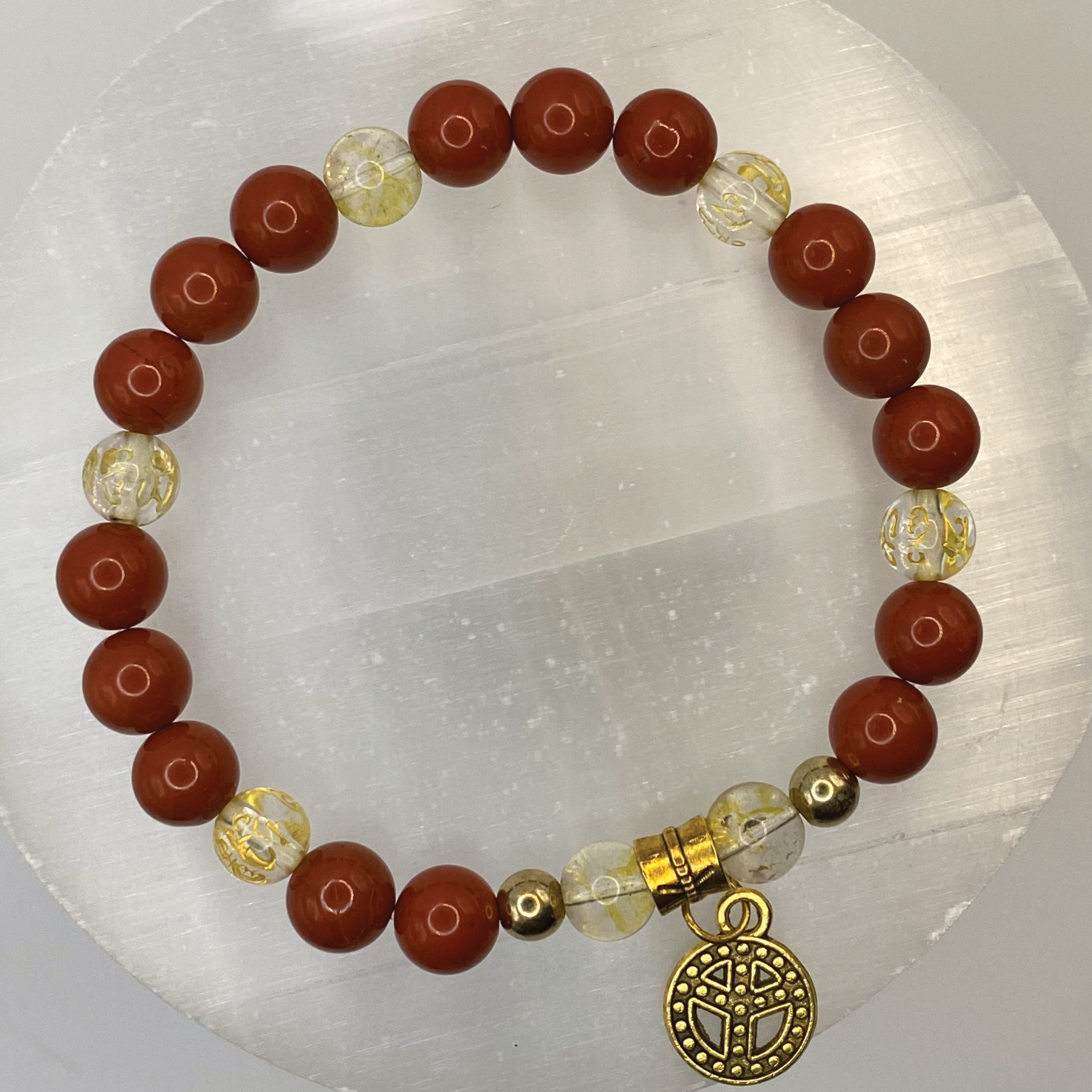 Red Jasper Clear Quartz Pixiu Symbols Peace Charm Bracelet with Gold Tone Spacers