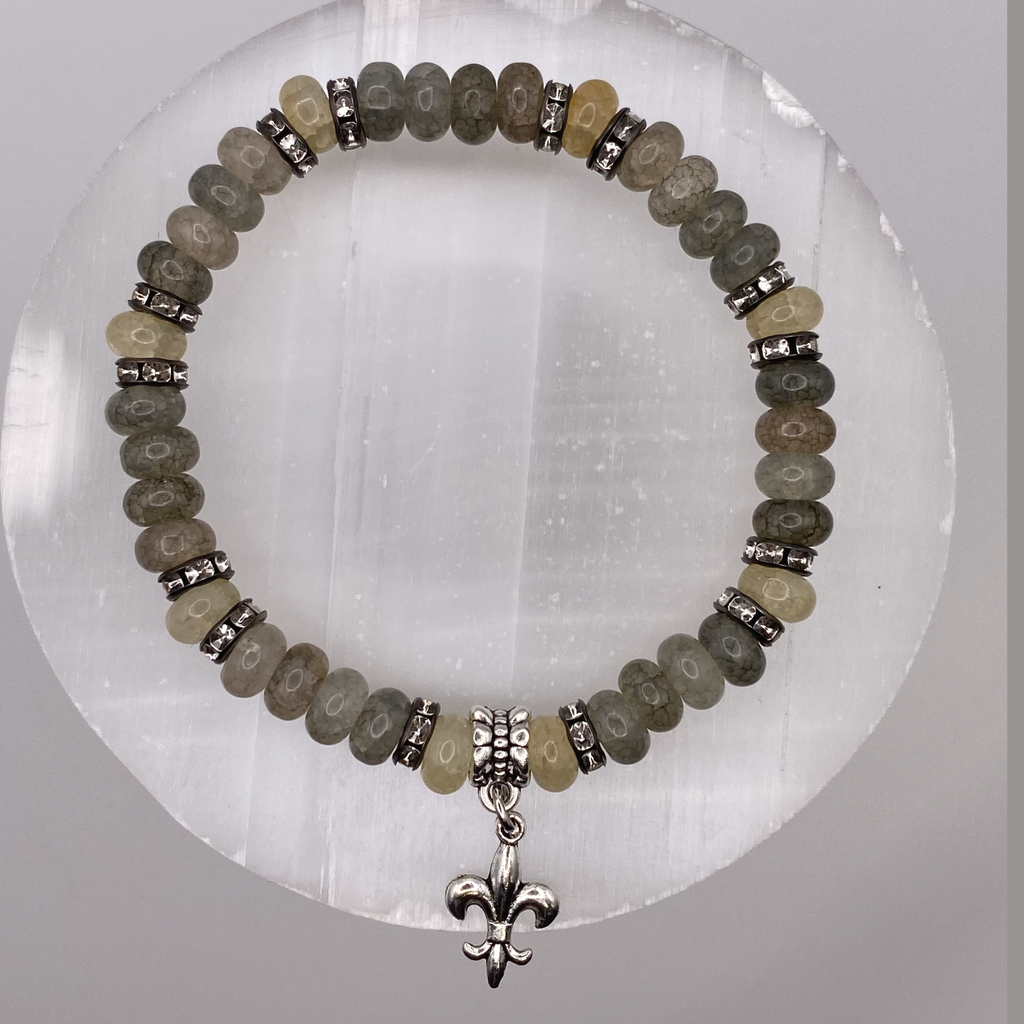 Aquamarine Beryl Grey Fleur'd'lis Charm Bracelet with Silver Tone Black Spacers