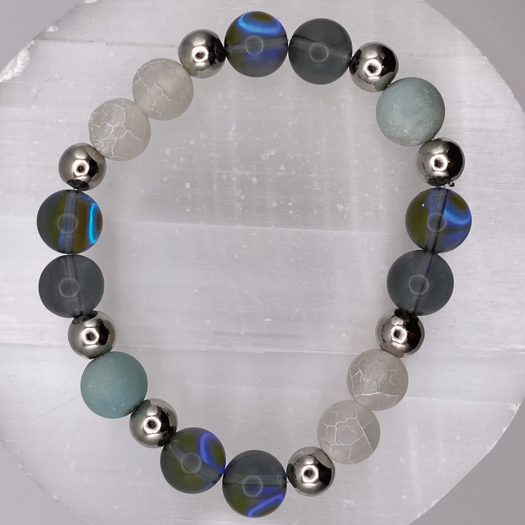 Blue Obsidian Dragon Vein Bracelet with Silver Tone Spacers