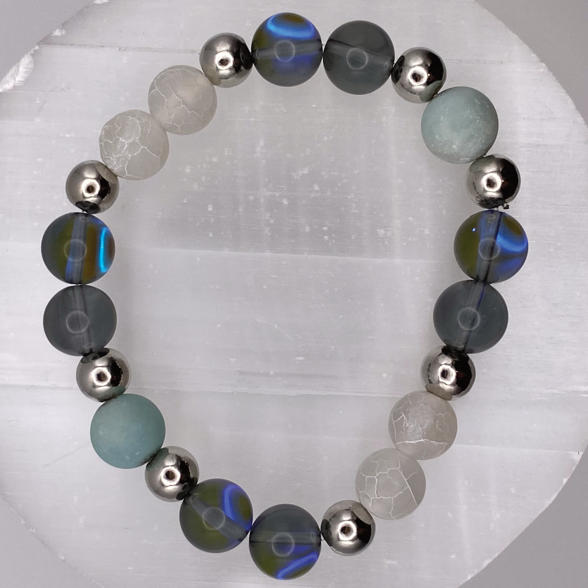 Blue Obsidian Dragon Vein Bracelet with Silver Tone Spacers
