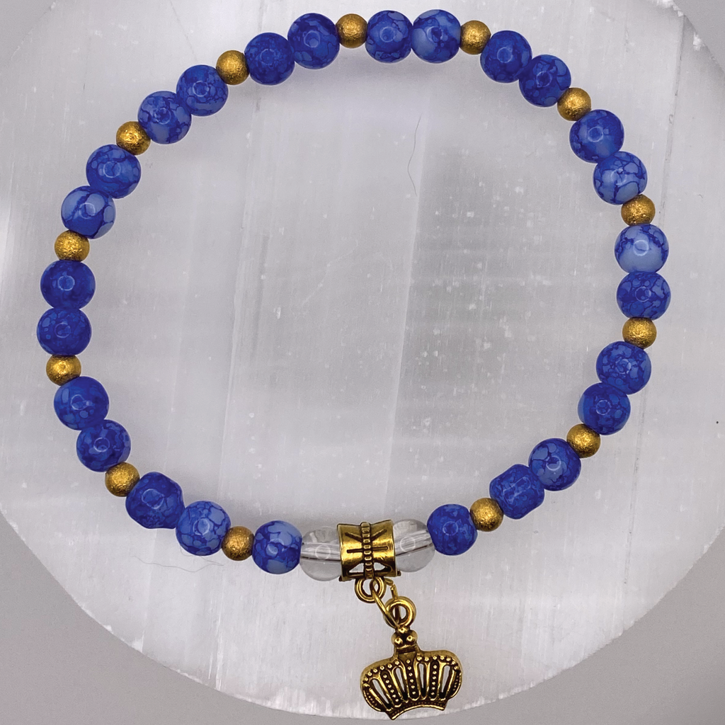Blue Agate Clear Quartz Crown Charm with Gold Tone Spacers