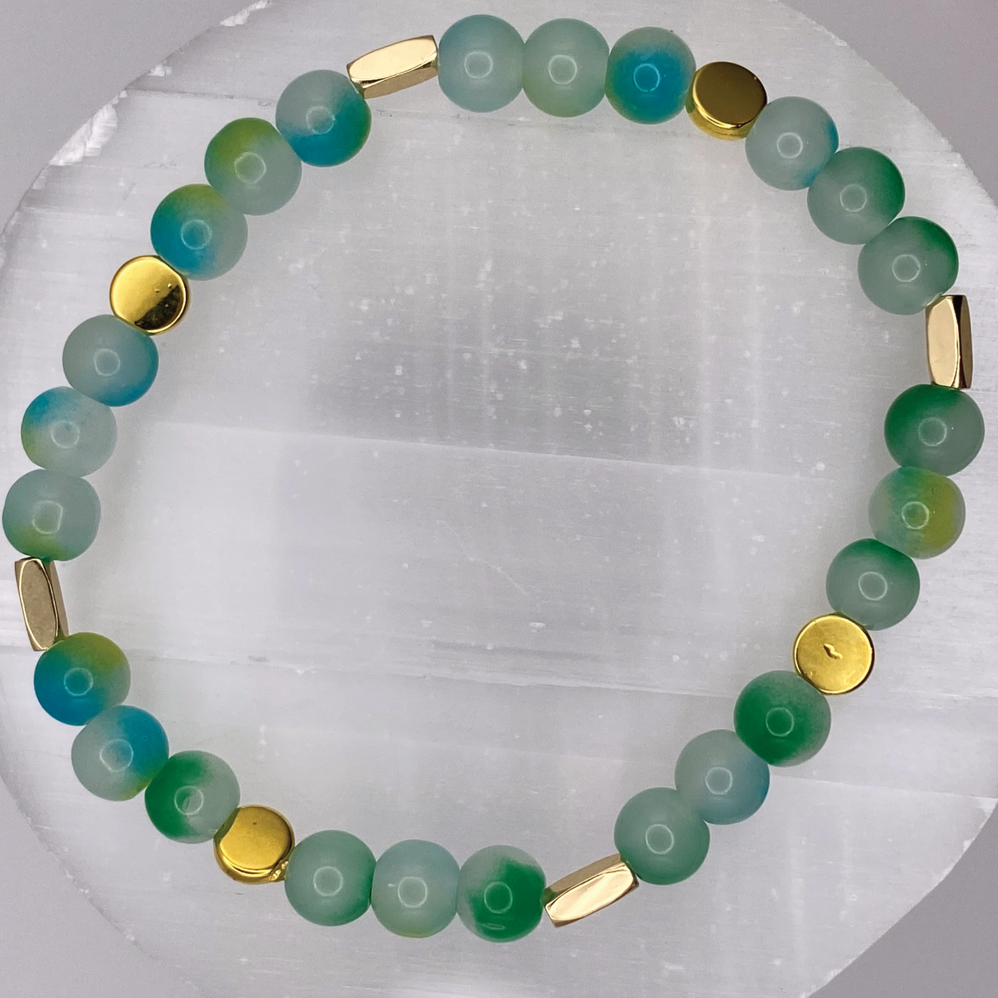 Teal Green Dragon Vein Agate Bracelet with Gold Tone Spacers