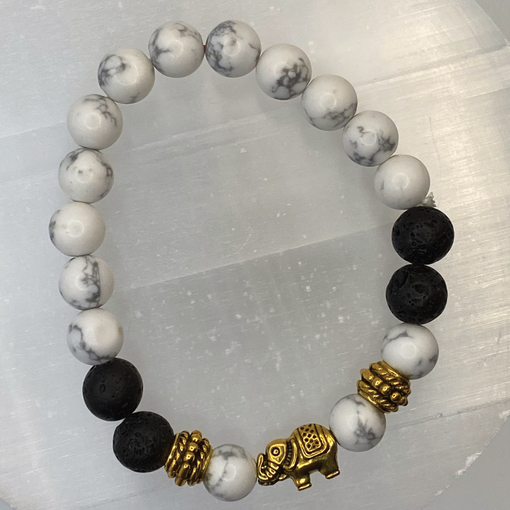 Howlite Lava Elephant Charm Bracelet with Gold Tone Spacers