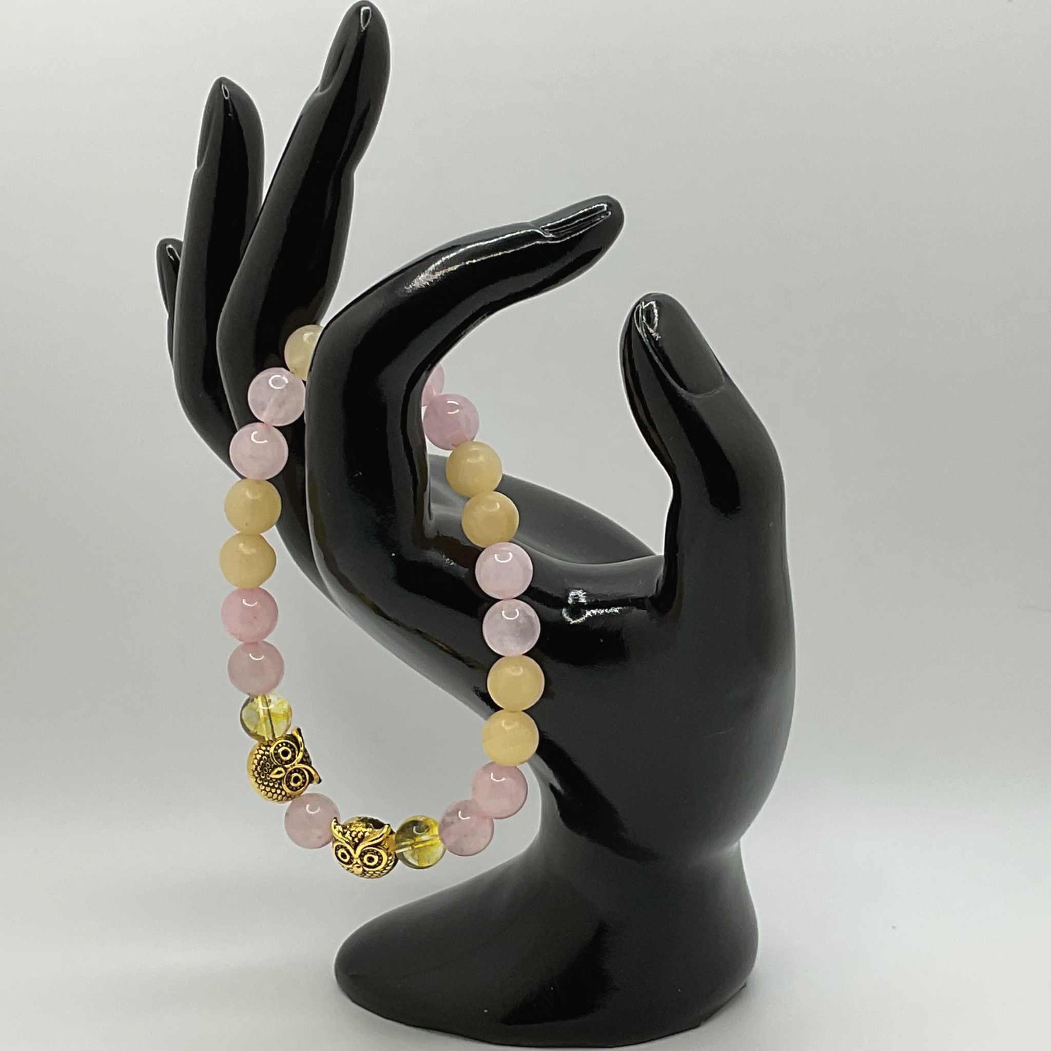 Yellow Agate Rose Quartz Bracelet | Wisdom & Love | Gold Owl Charm Crystal Gemstone Jewelry