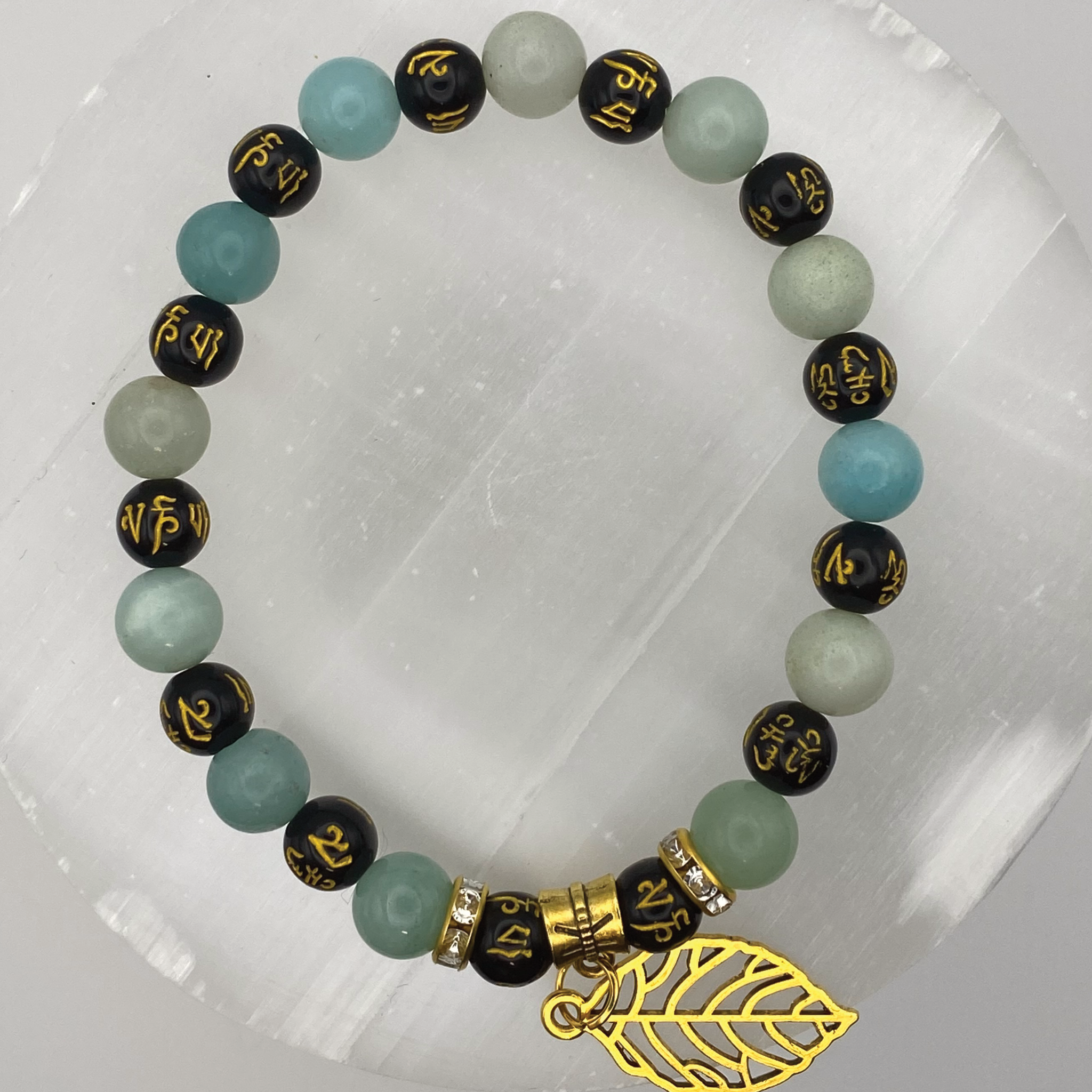 Green Chalcedony Pixiu Leaf Charm Bracelet with Gold Tone Spacers