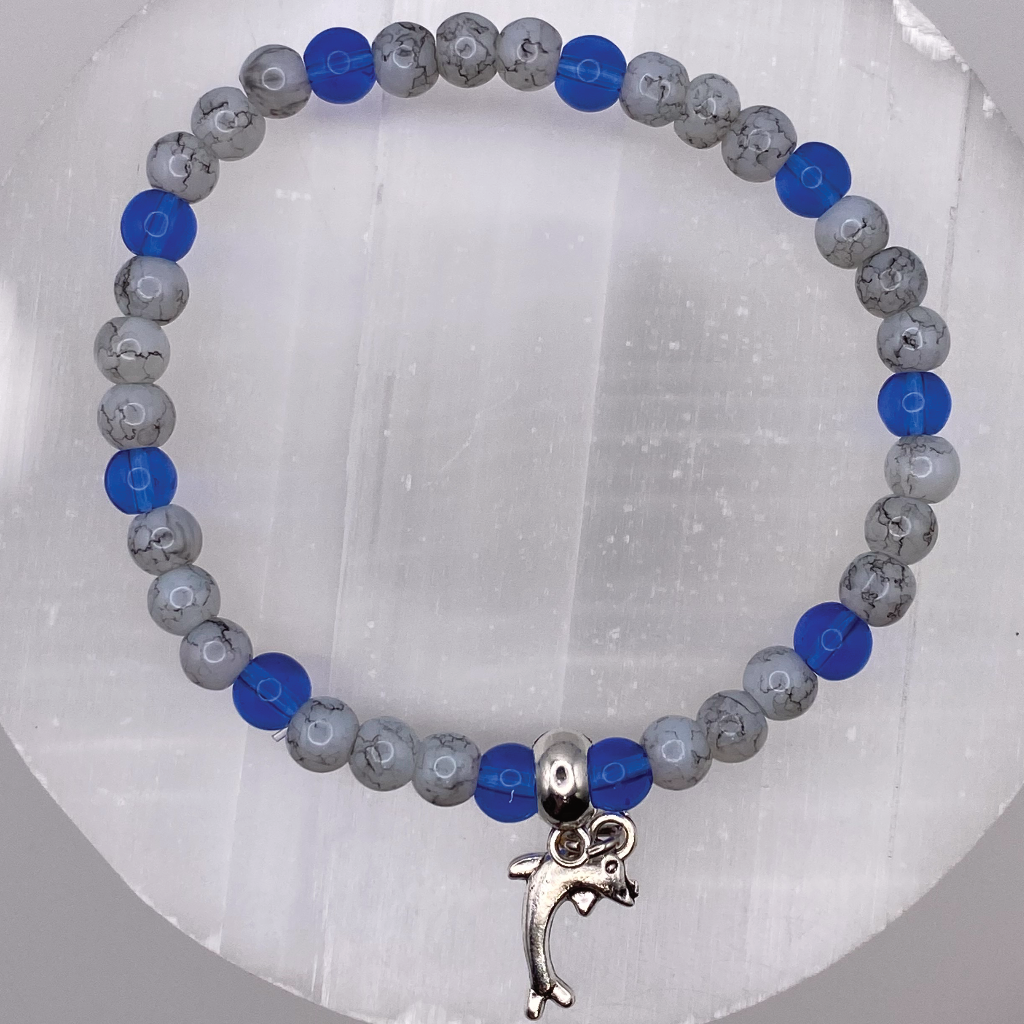 Blue Sea Glass Opalite Dolphin Charm Bracelet