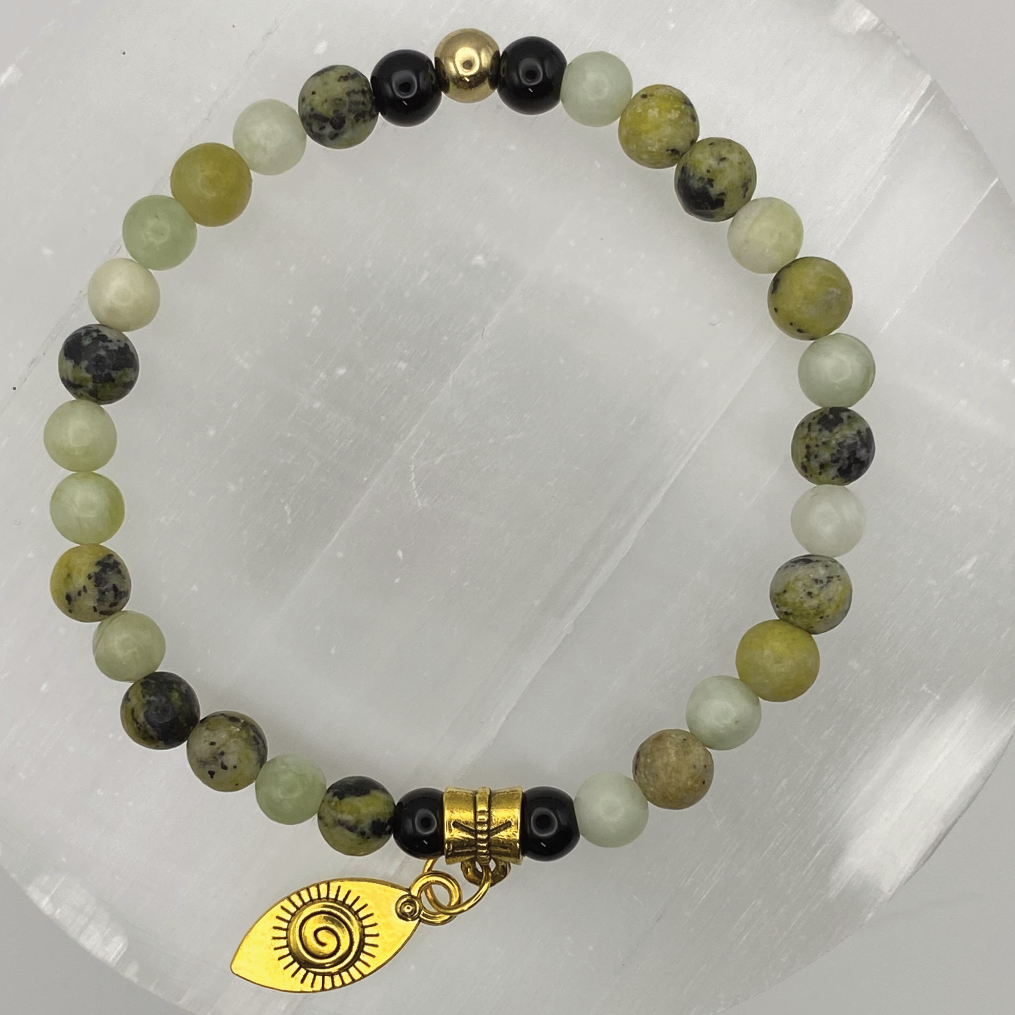 Jade Green Onyx Leaf Charm Bracelet with Gold Tone Spacer
