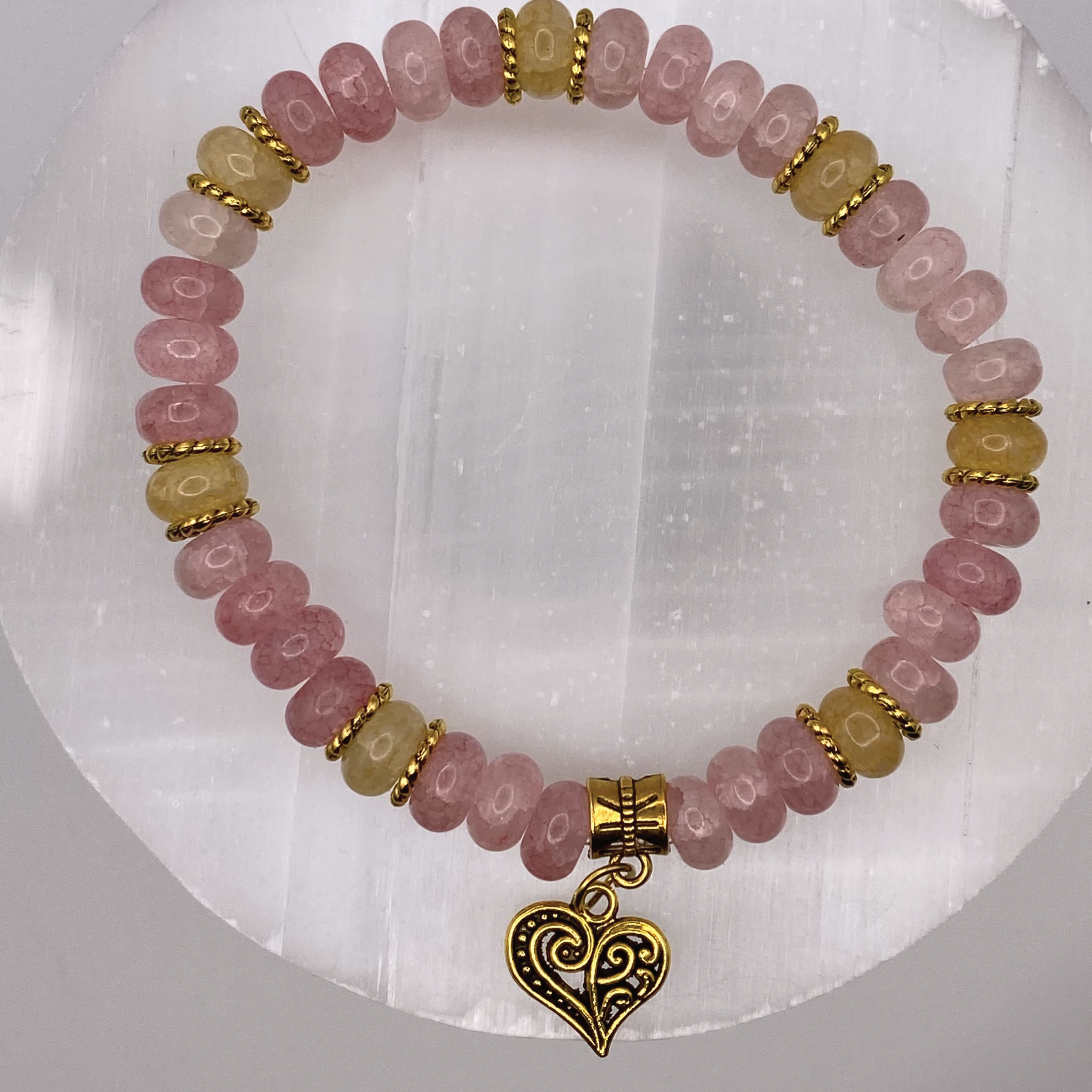 Pink Yellow Tourmaline Heart Charm Bracelet with Gold Tone Spacers
