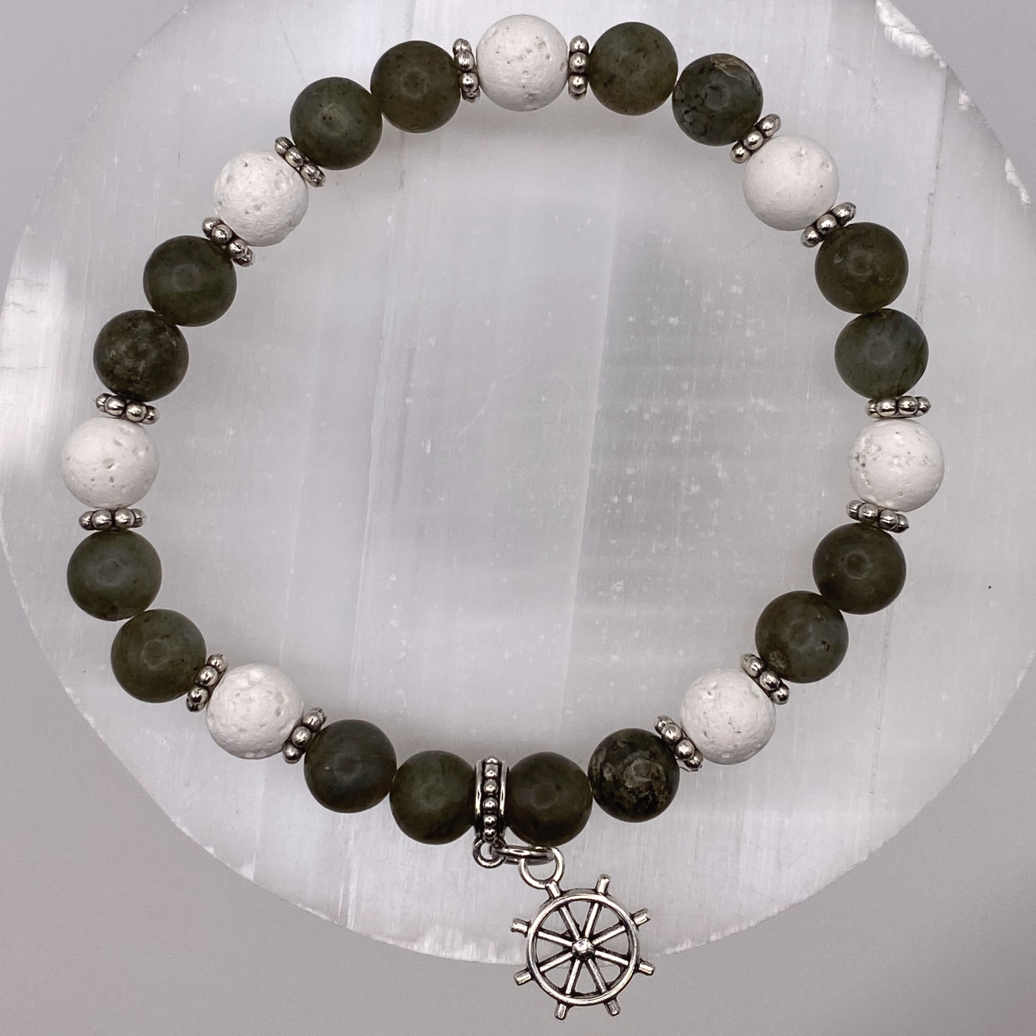 Nephrite Magnesite Nautical Charm Bracelet with Silver Tone Spacers