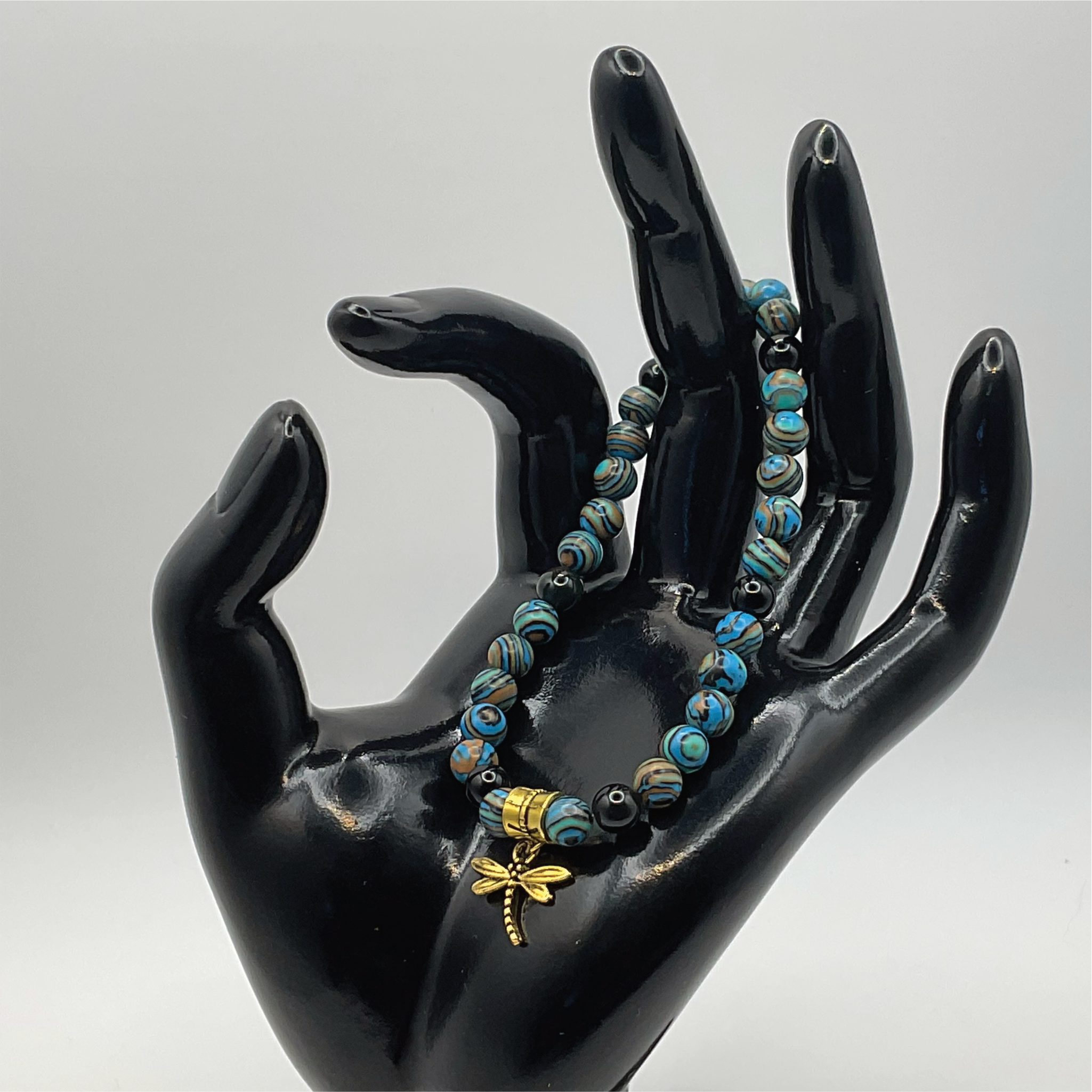 Rainbow Calsilica Dragon Vein Agate Dragonfly Charm Bracelet