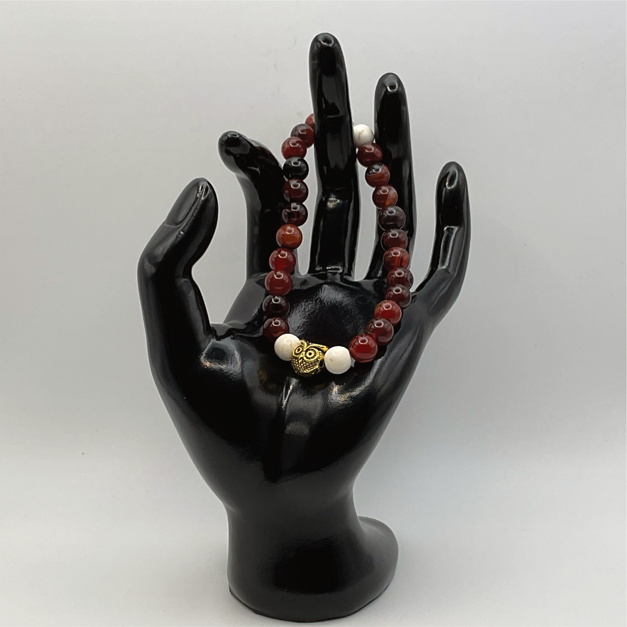 Carnelian Agate Magnesite Owl Charm Bracelet