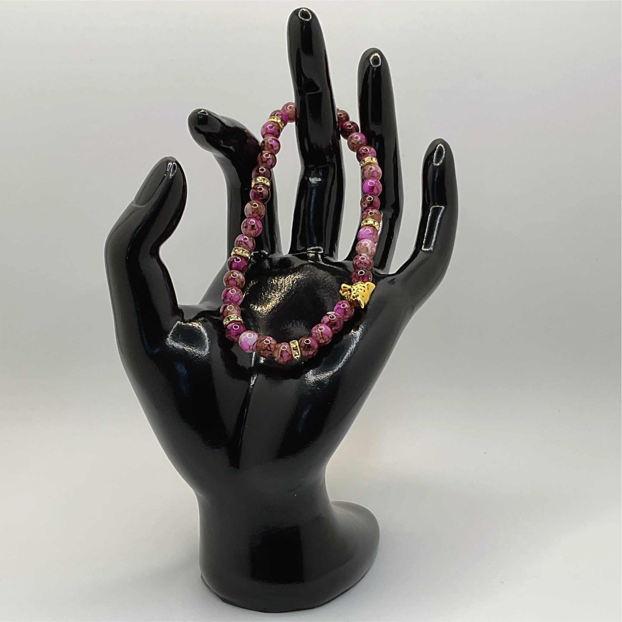 Magenta Dragon Vein Agate Jaguar Charm Bracelet with Gold Crystal Spacers