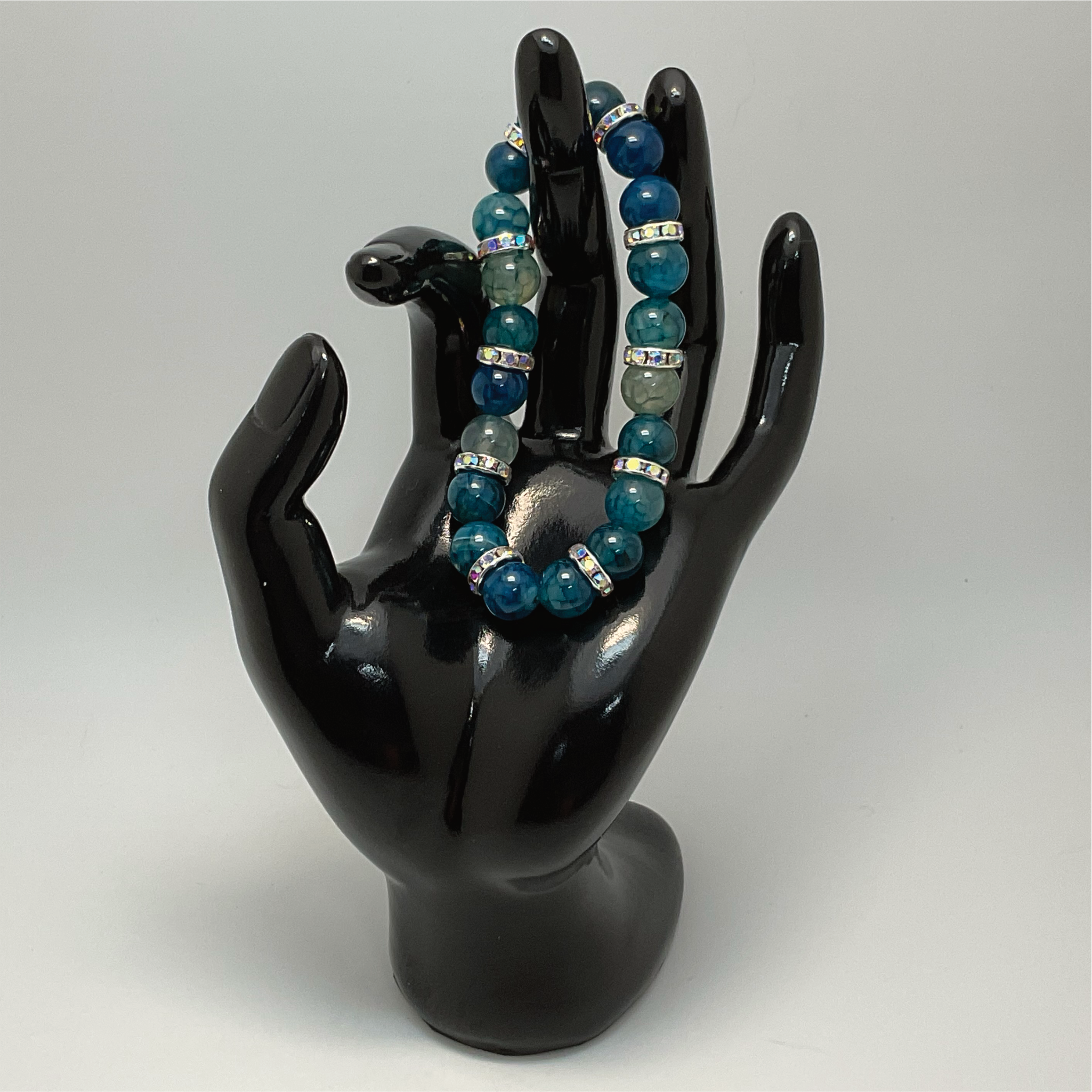 Pulsera de Ágata Dragón Azul con Separadores de Cristal Blanco Plateado