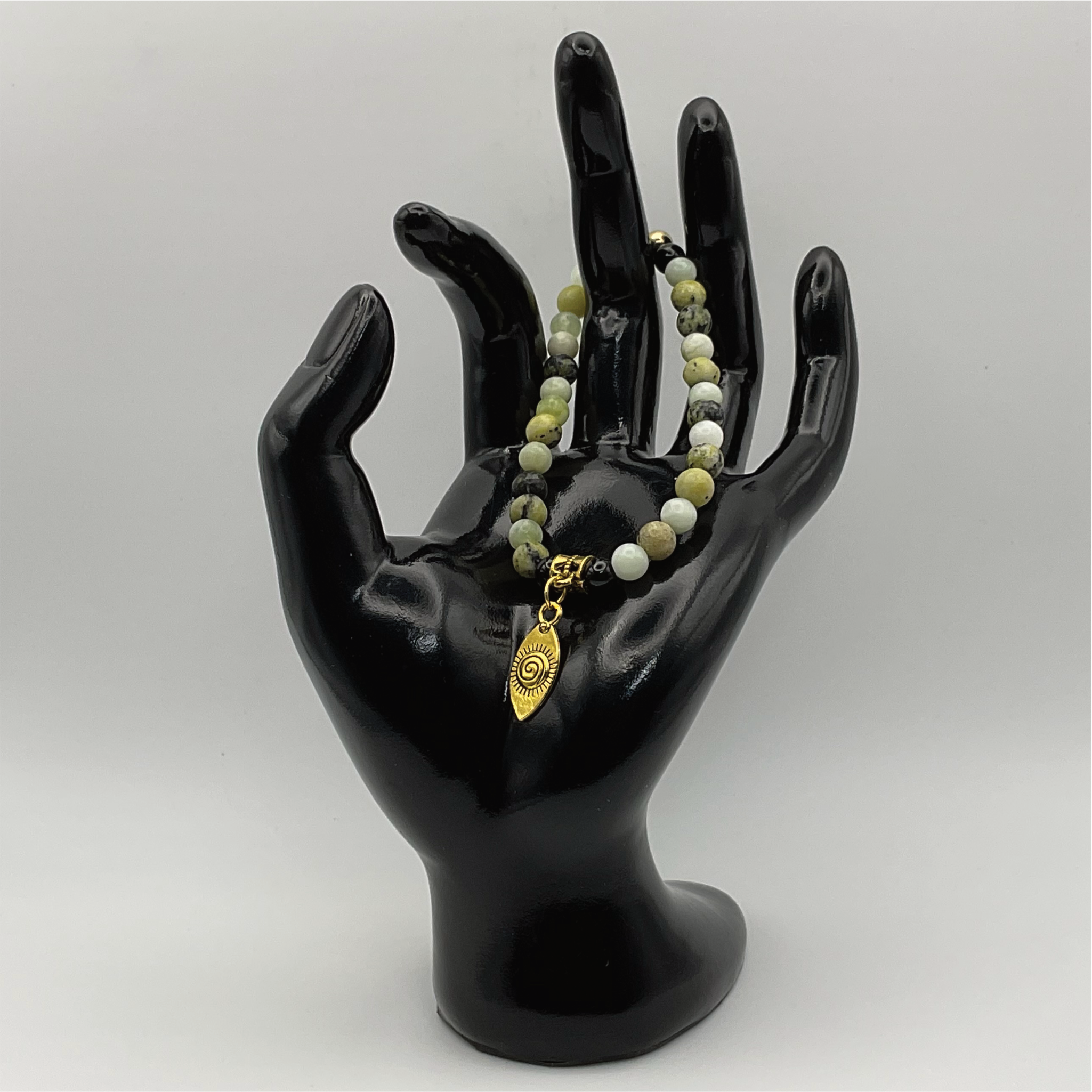Jade Green Onyx Leaf Charm Bracelet with Gold Spacer